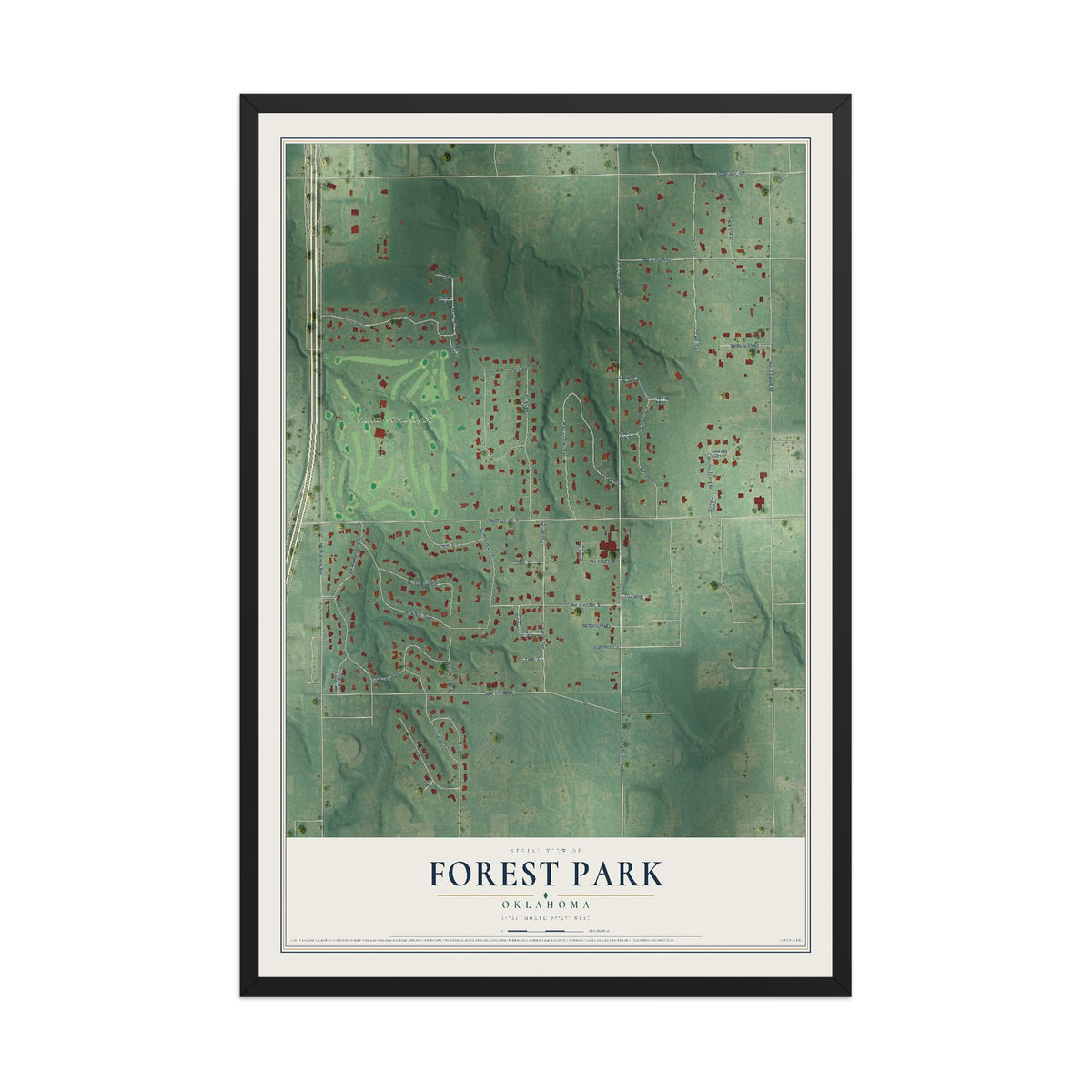 Map of Forest Park, Oklahoma, 12 x 18 inch print in a black wood frame