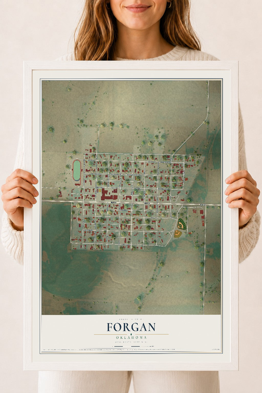 Map of Forgan, Oklahoma, 18 x 24 inch print in a white wood frame