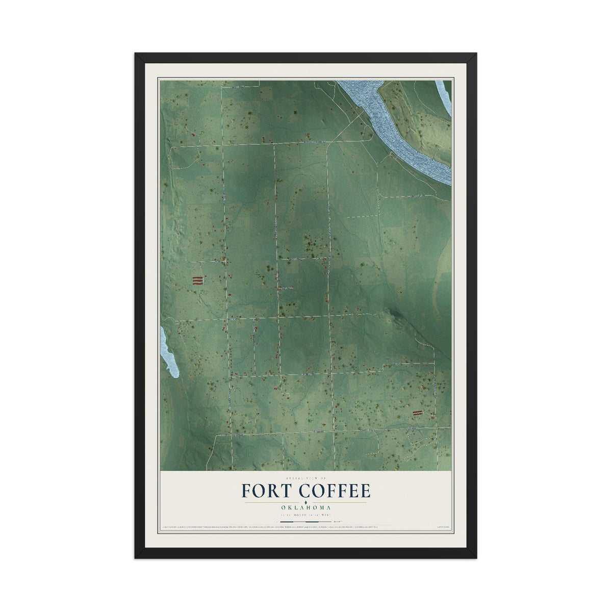 Map of Fort Coffee, Oklahoma, 12 x 18 inch print in a black wood frame
