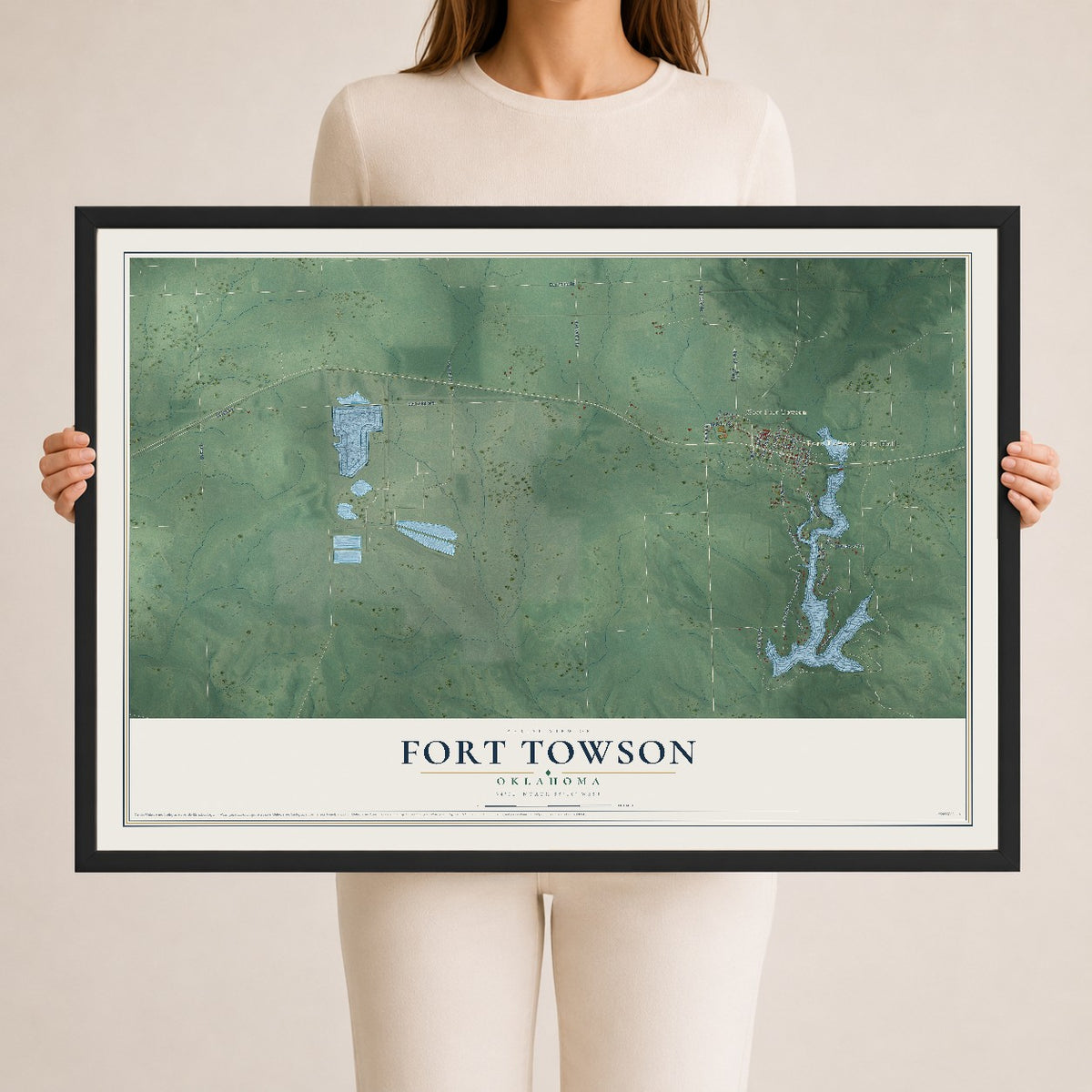 Map of Fort Towson, Oklahoma, 24 x 36 inch print in a black wood frame