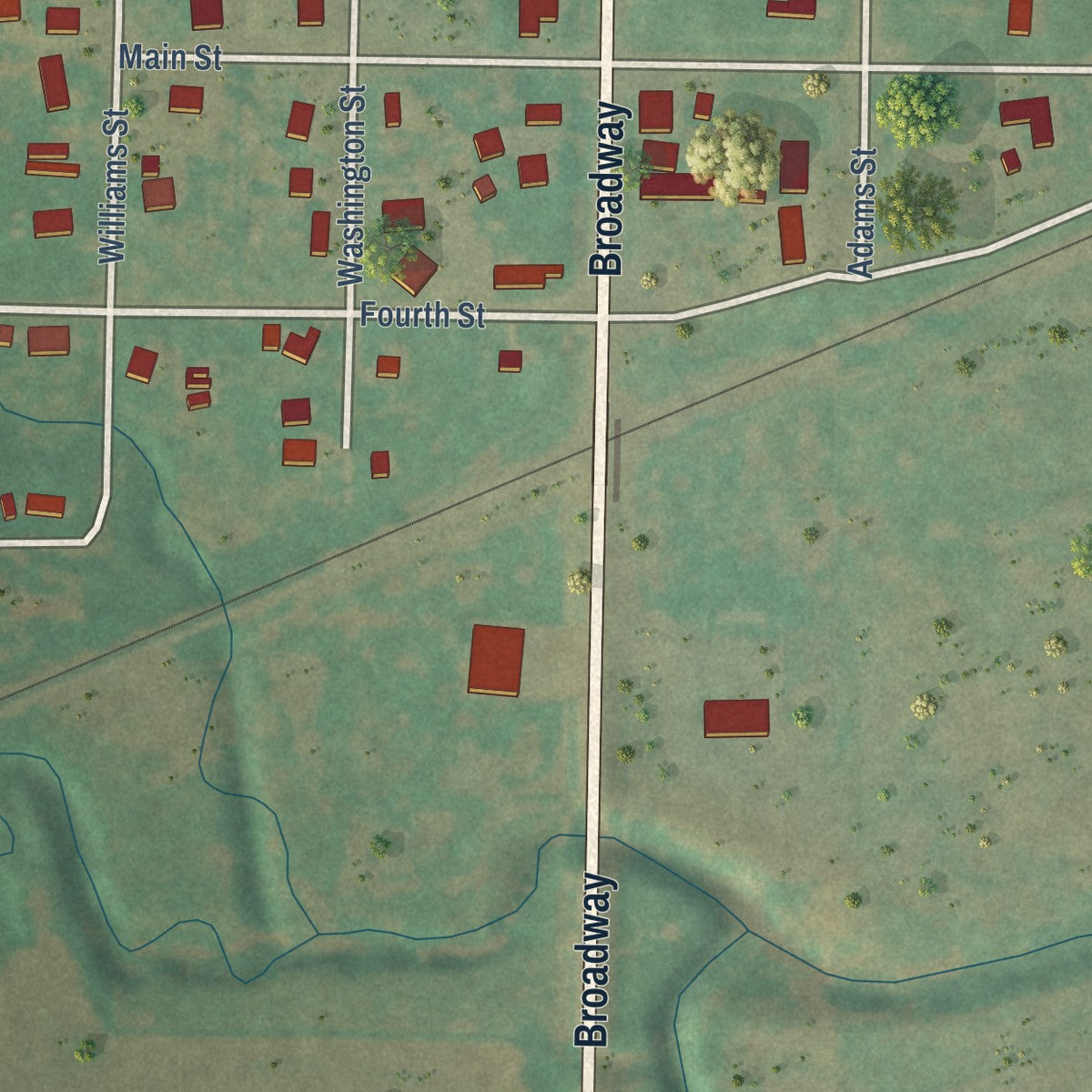 Second close-up of the map of Foss, Oklahoma print showing more streets and buildings