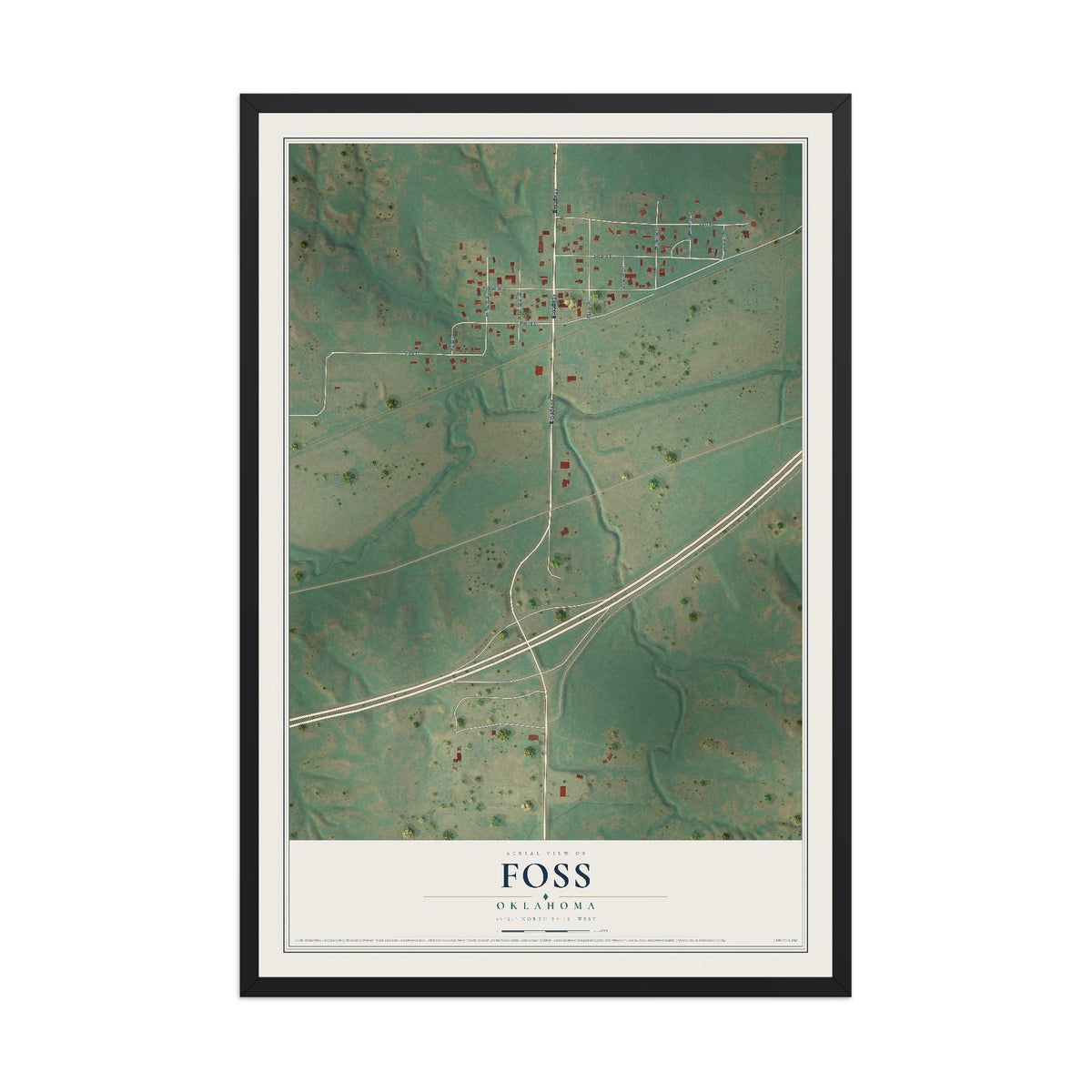 Map of Foss, Oklahoma, 12 x 18 inch print in a black wood frame