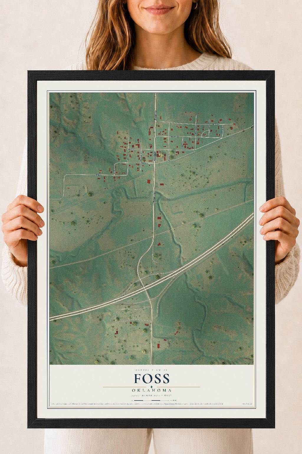 Map of Foss, Oklahoma, 18 x 24 inch print in a black wood frame