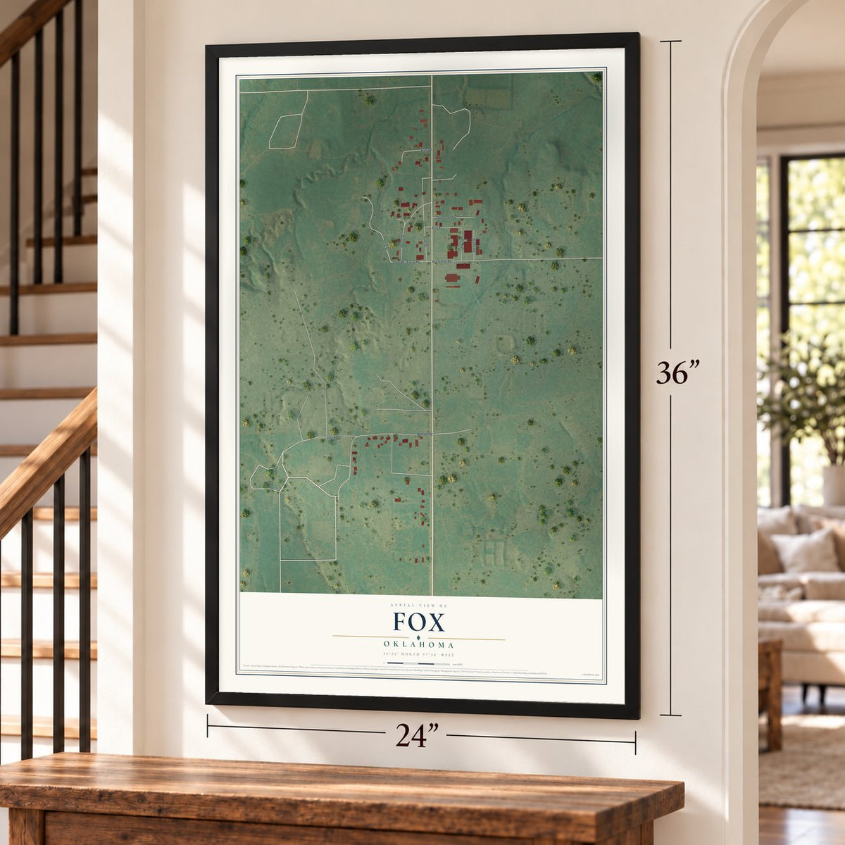 Fox, Oklahoma map, 24 x 36 inch print in a black frame by a staircase