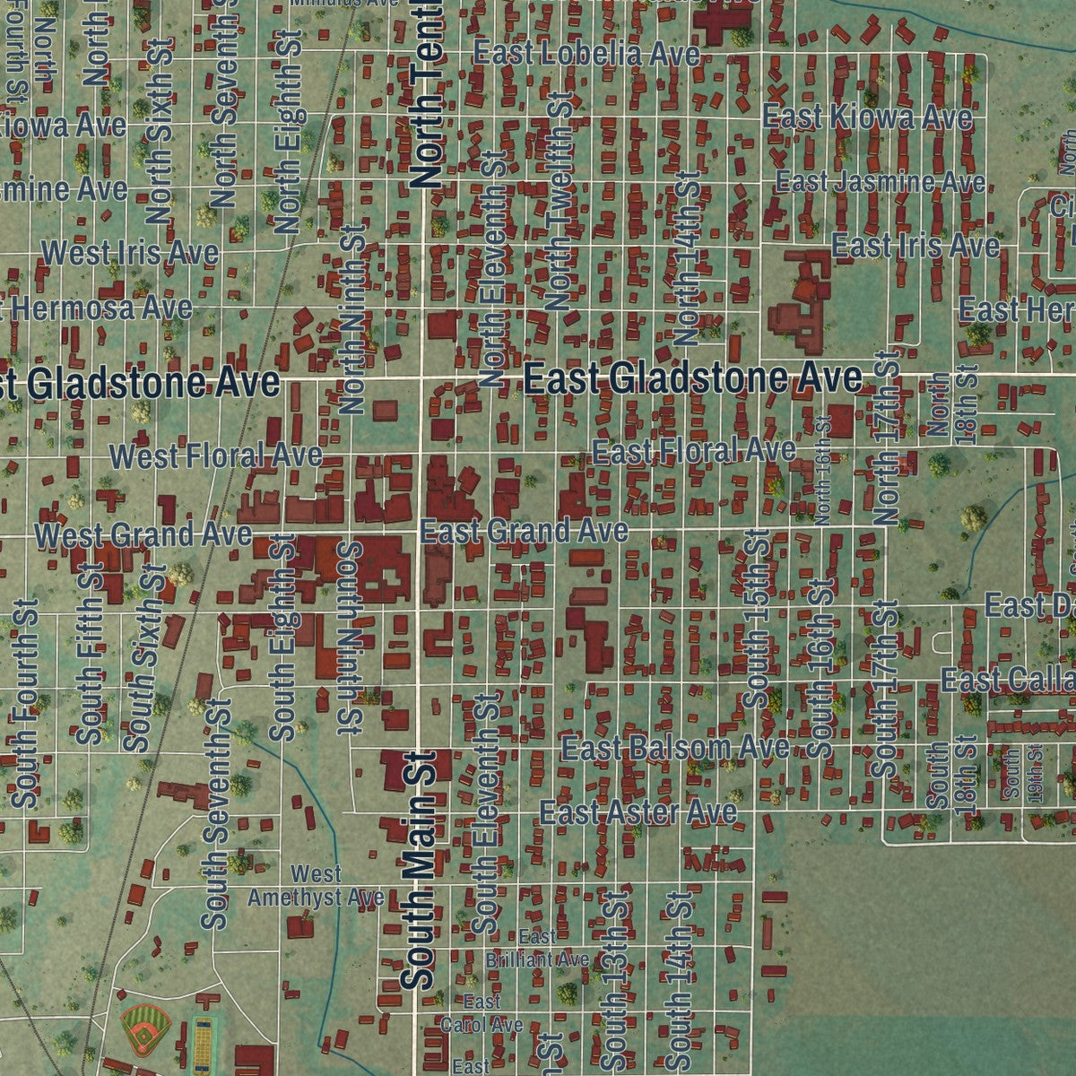 Close-up of the map of Frederick, Oklahoma print showing street and building detail