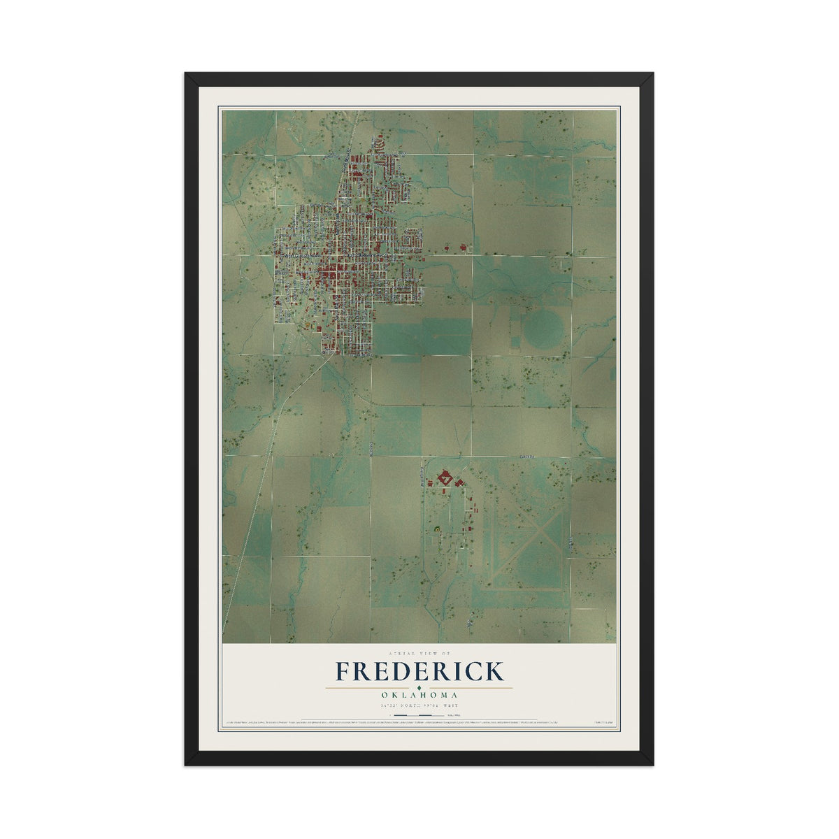 Map of Frederick, Oklahoma, 12 x 18 inch print in a black wood frame