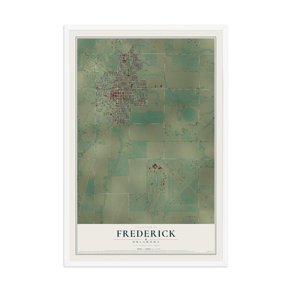 Map of Frederick, Oklahoma, 12 x 18 inch print in a white wood frame