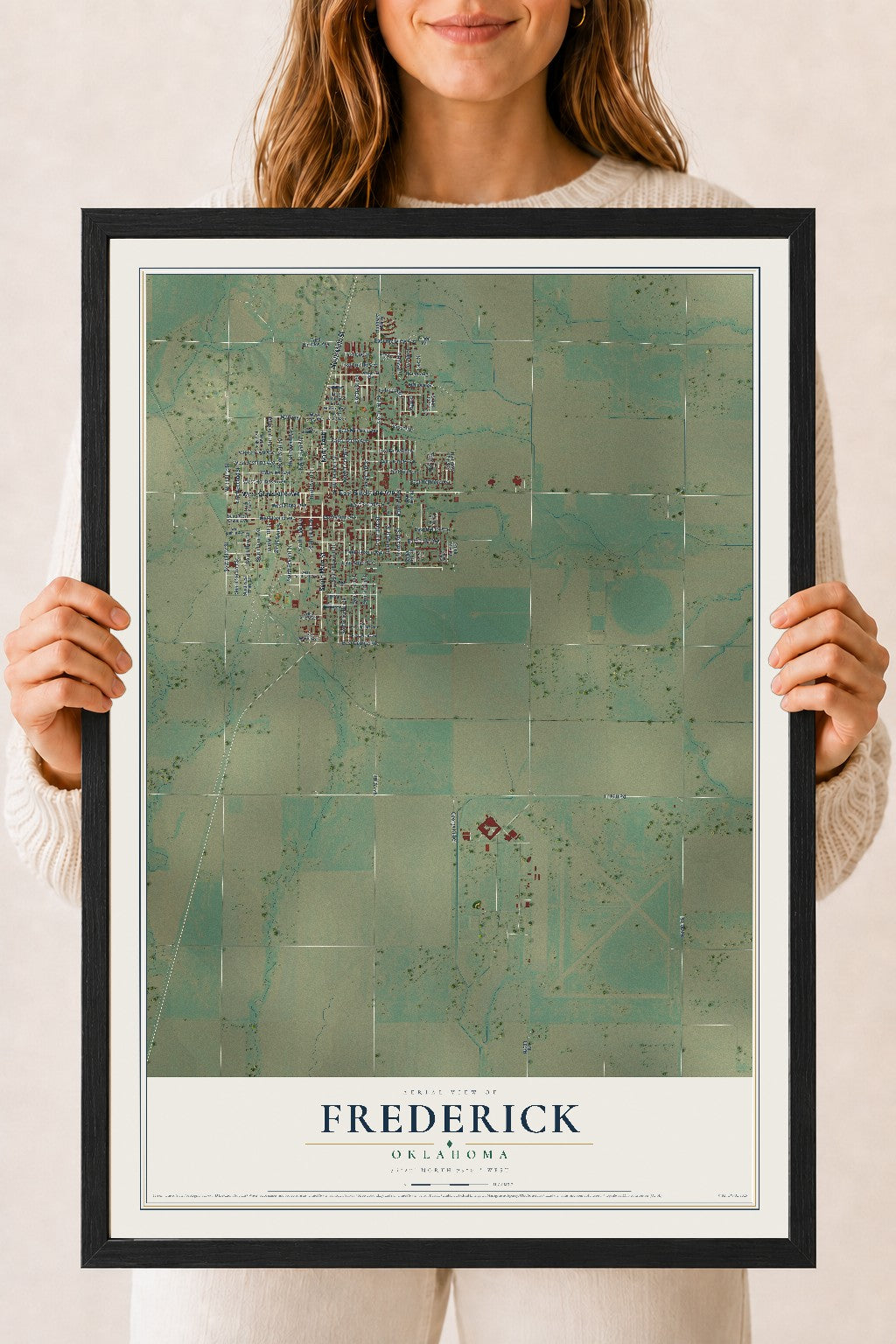 Map of Frederick, Oklahoma, 18 x 24 inch print in a black wood frame