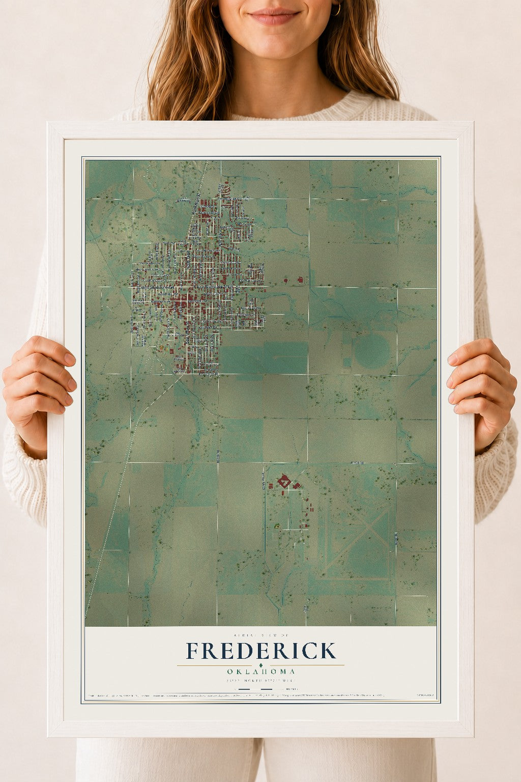 Map of Frederick, Oklahoma, 18 x 24 inch print in a white wood frame