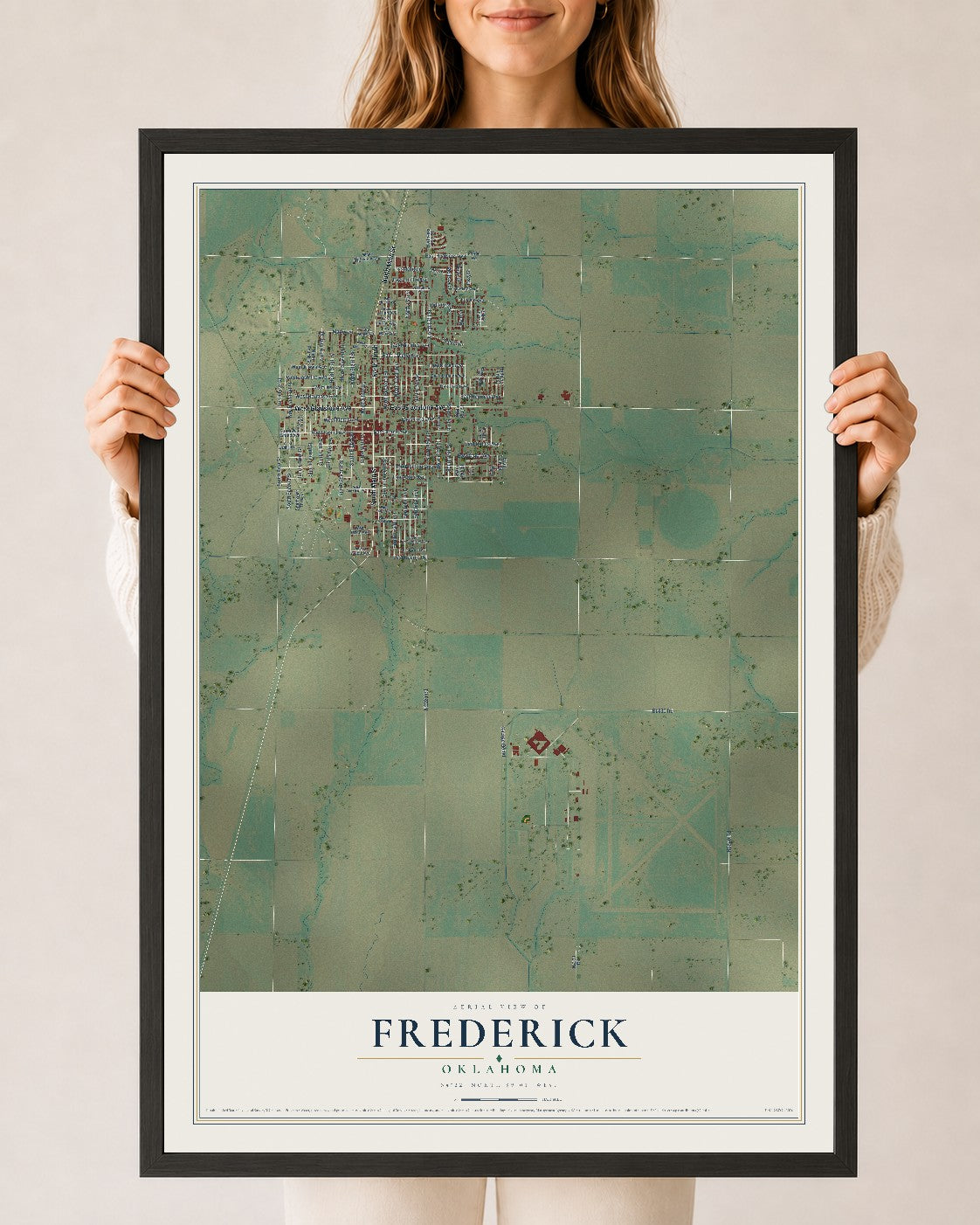 Map of Frederick, Oklahoma, 24 x 36 inch print in a black wood frame