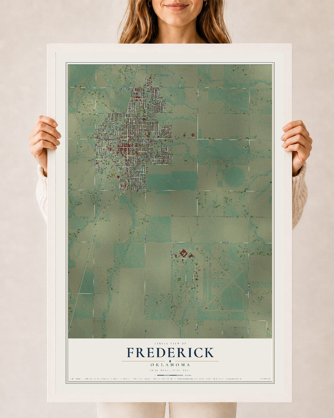 Map of Frederick, Oklahoma, 24 x 36 inch print in a white wood frame