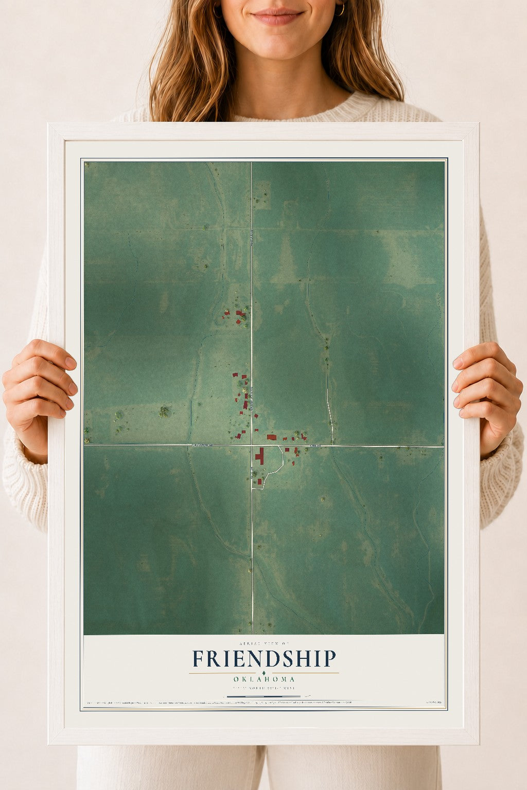 Map of Friendship, Oklahoma, 18 x 24 inch print in a white wood frame