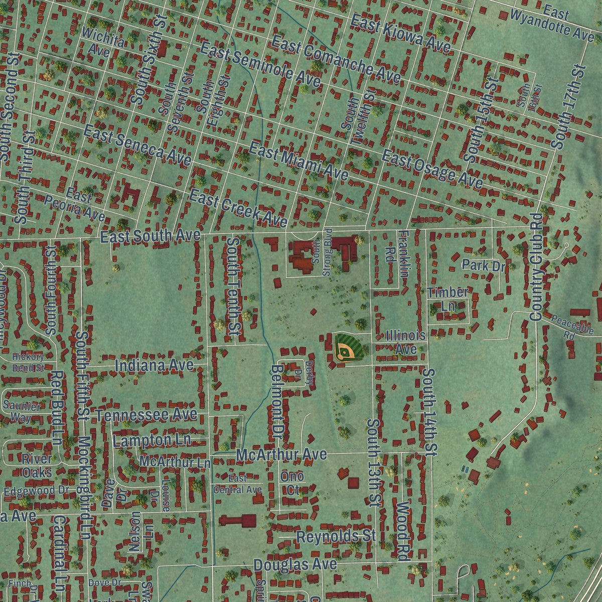 Close-up of the map of Frink, Oklahoma print showing street and building detail
