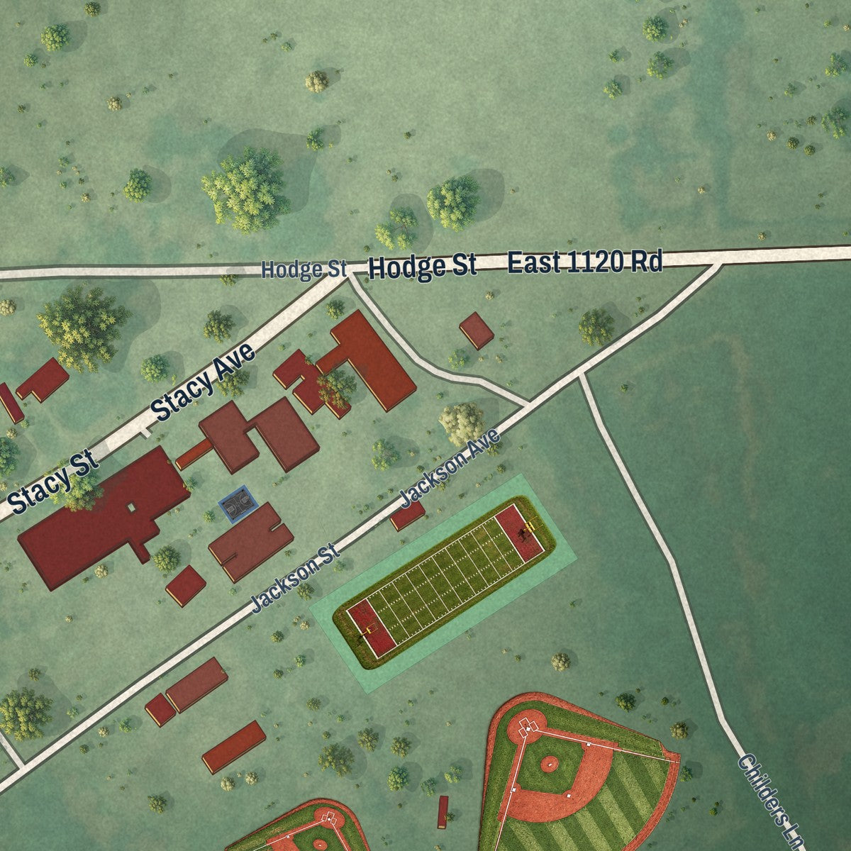Second close-up of the map of Gans, Oklahoma print showing more streets and buildings
