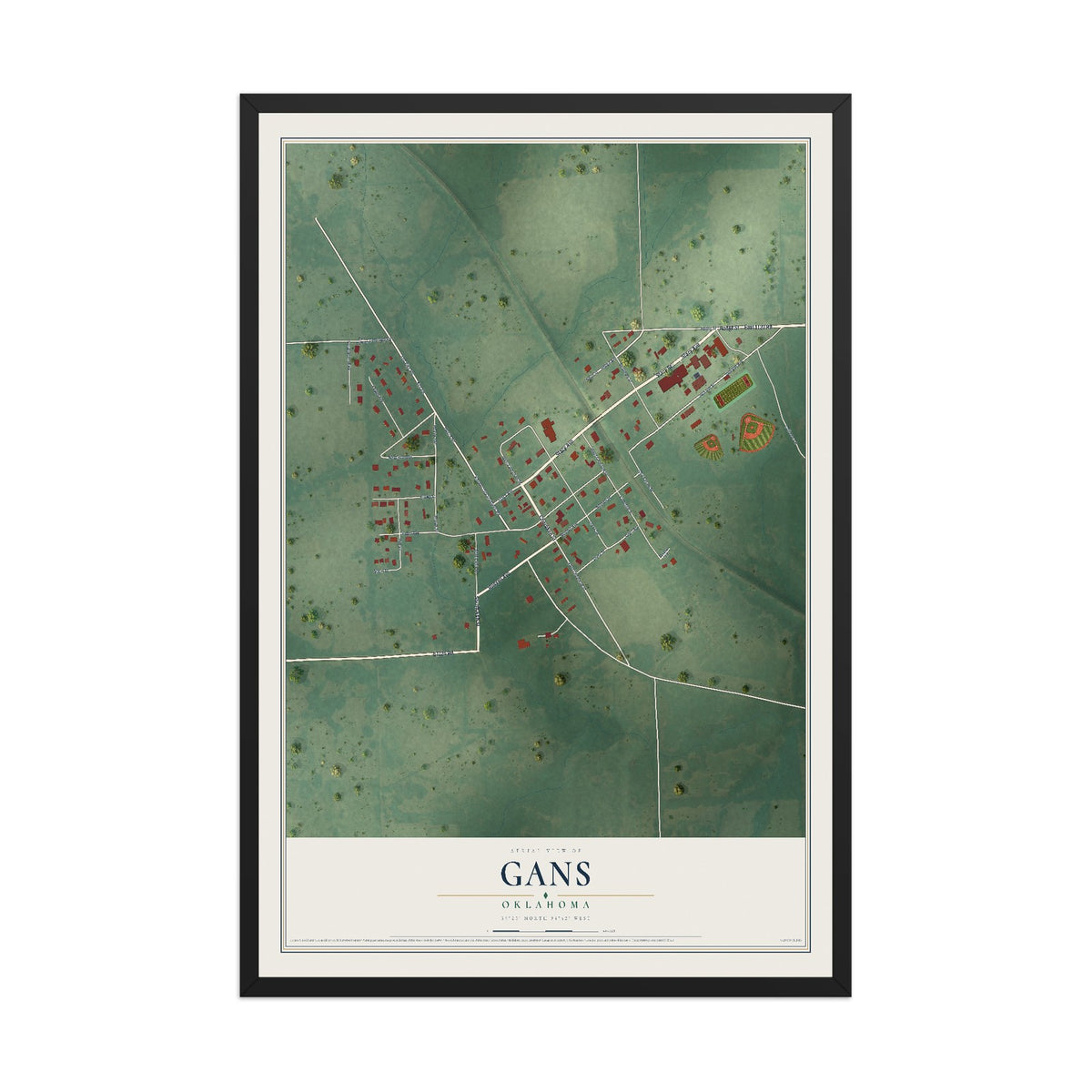Map of Gans, Oklahoma, 12 x 18 inch print in a black wood frame