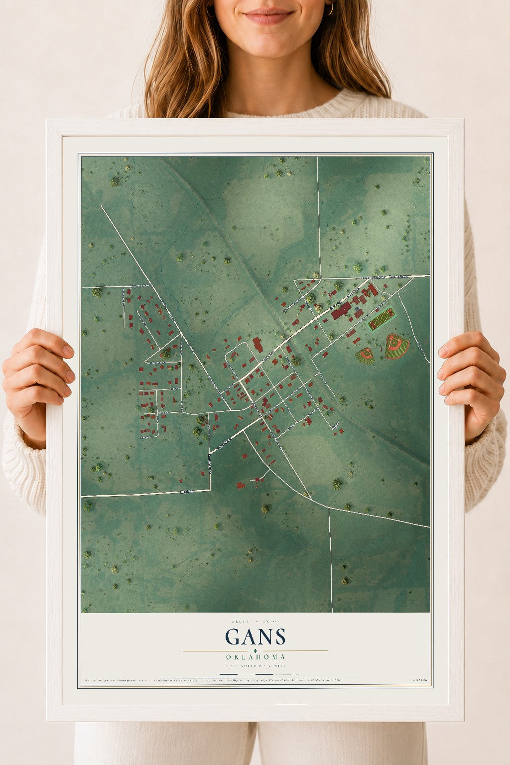 Map of Gans, Oklahoma, 18 x 24 inch print in a white wood frame