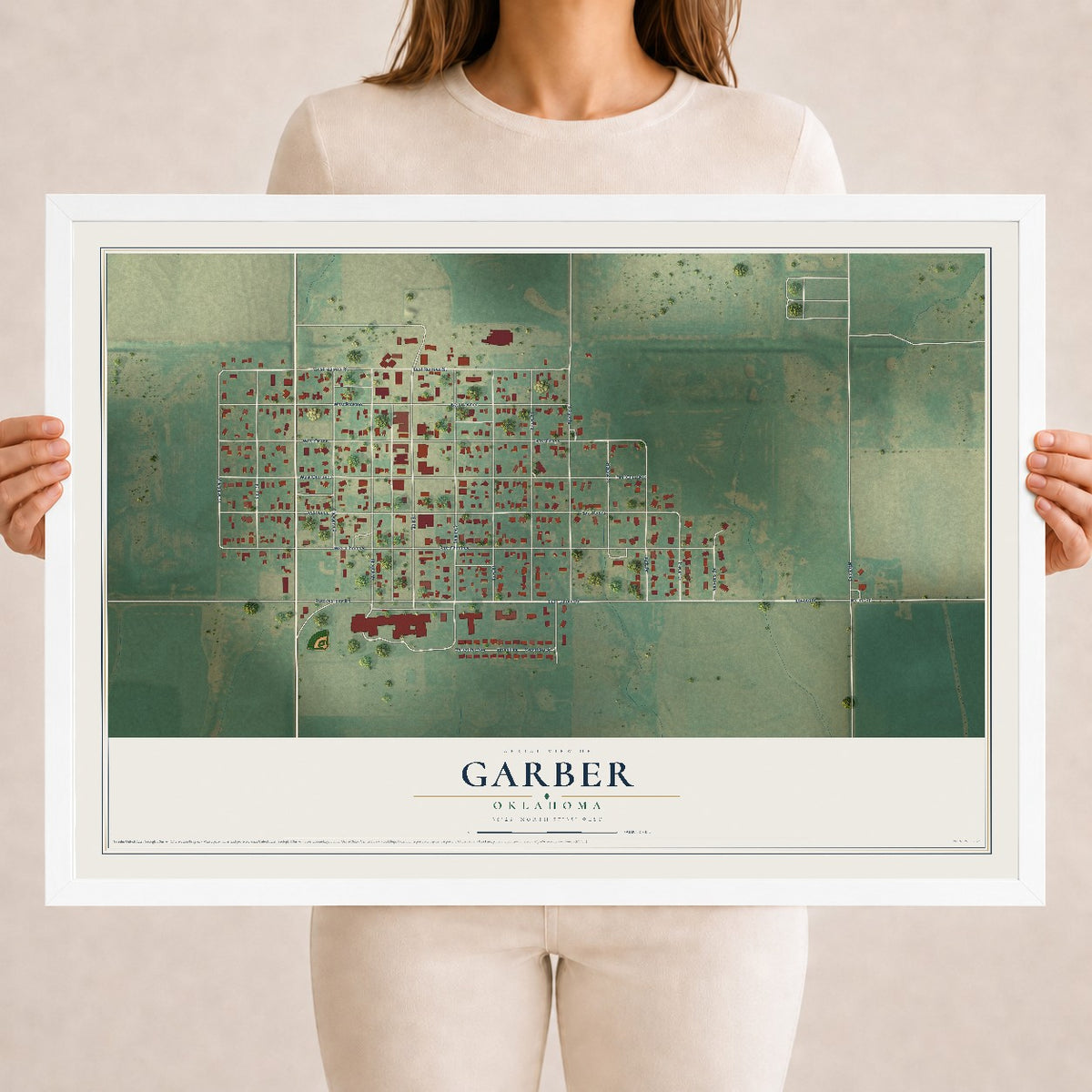 Map of Garber, Oklahoma, 18 x 24 inch print in a white wood frame
