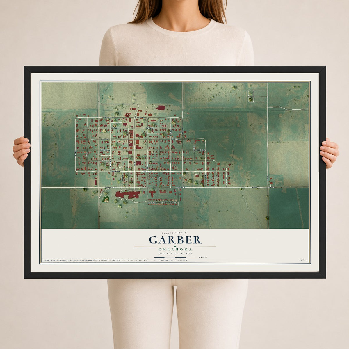 Map of Garber, Oklahoma, 24 x 36 inch print in a black wood frame