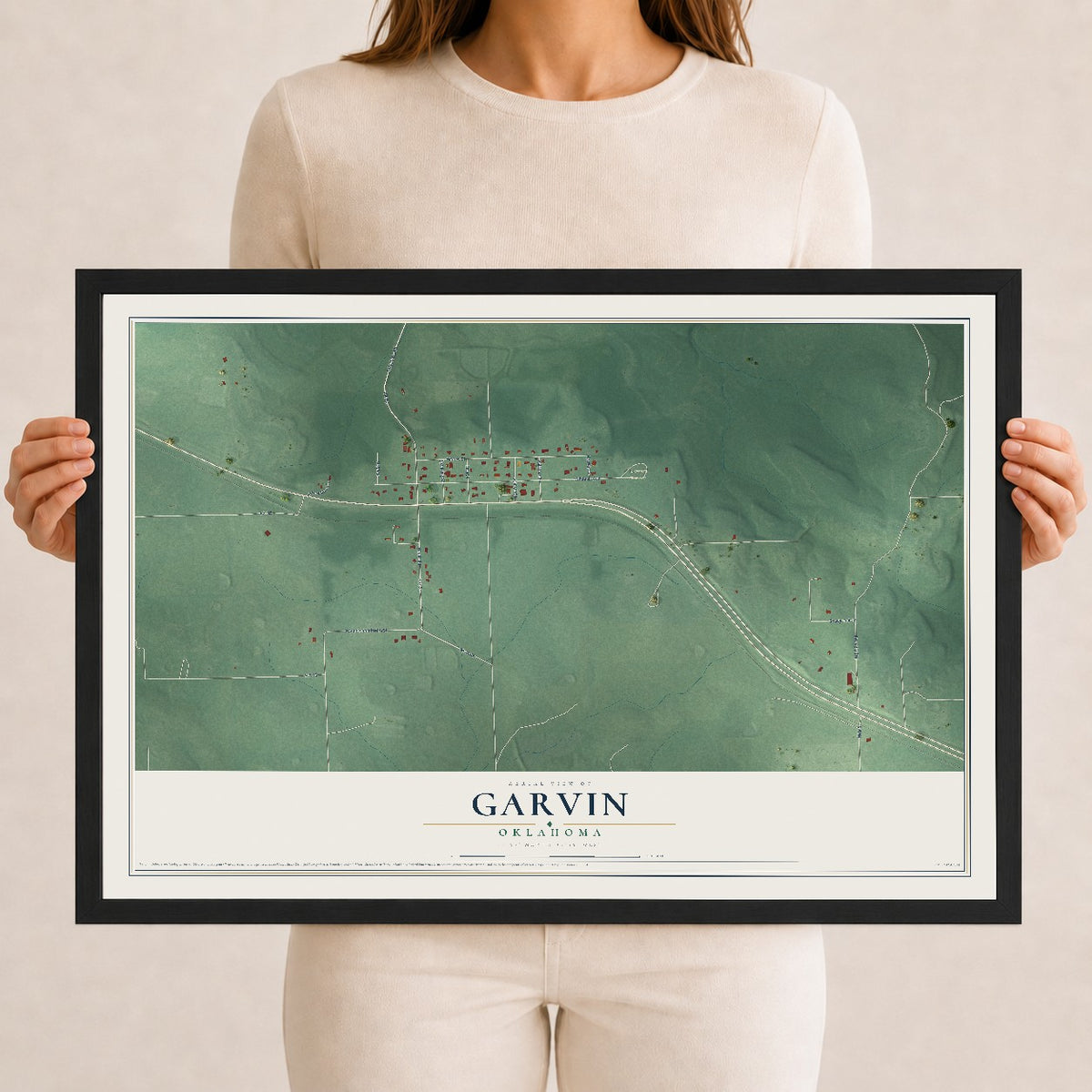 Map of Garvin, Oklahoma, 12 x 18 inch print in a black wood frame