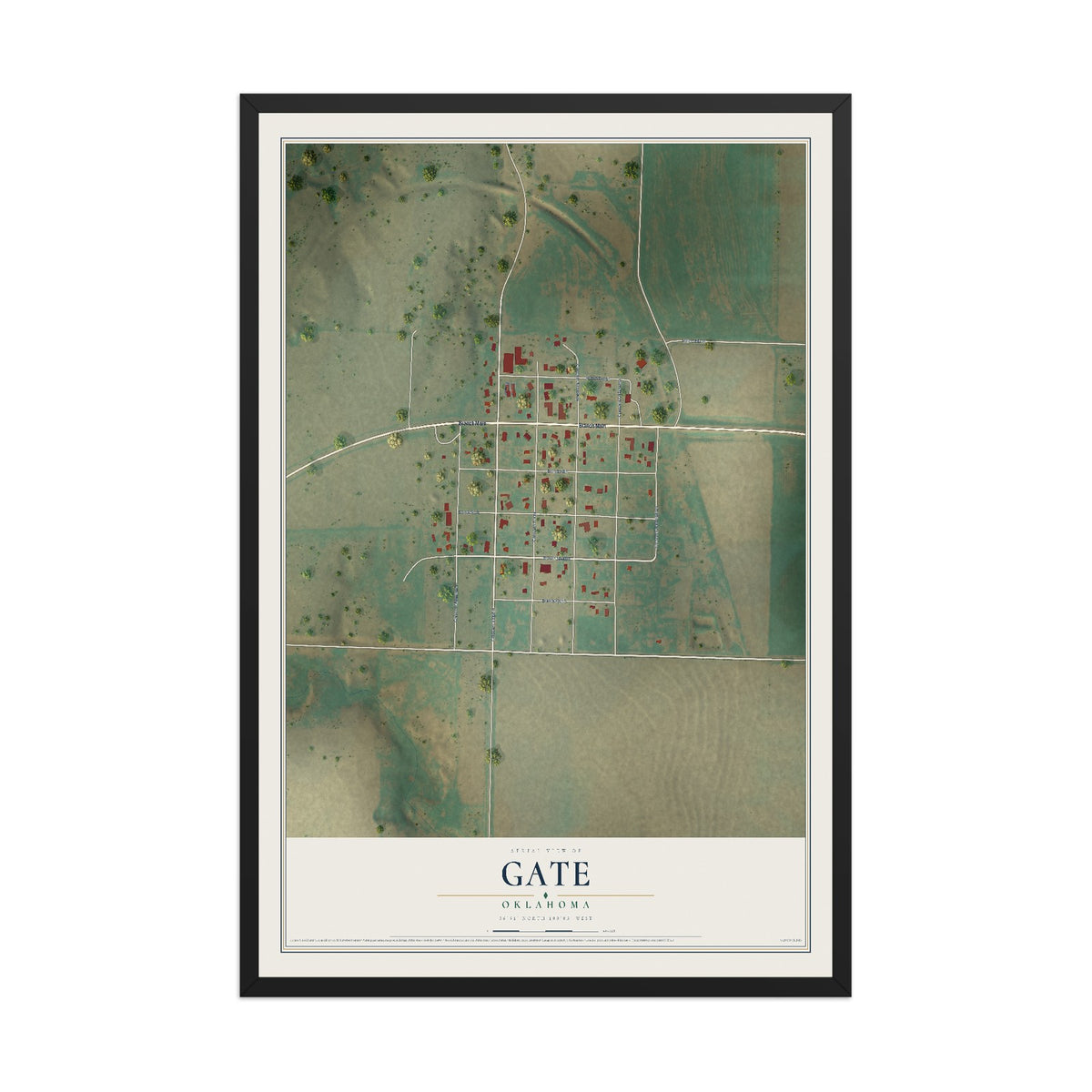 Map of Gate, Oklahoma, 12 x 18 inch print in a black wood frame