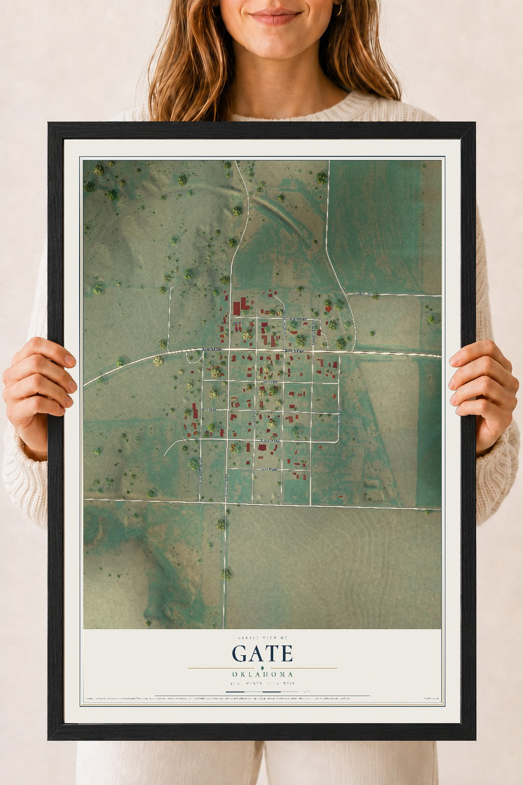 Map of Gate, Oklahoma, 18 x 24 inch print in a black wood frame