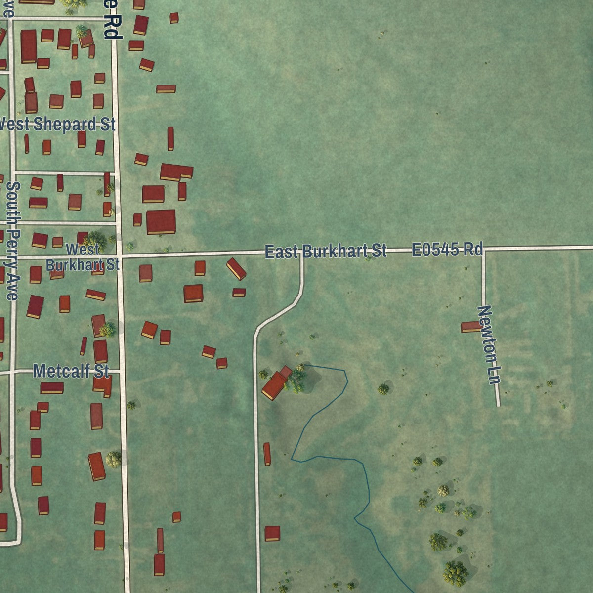 Second close-up of the map of Glencoe, Oklahoma print showing more streets and buildings