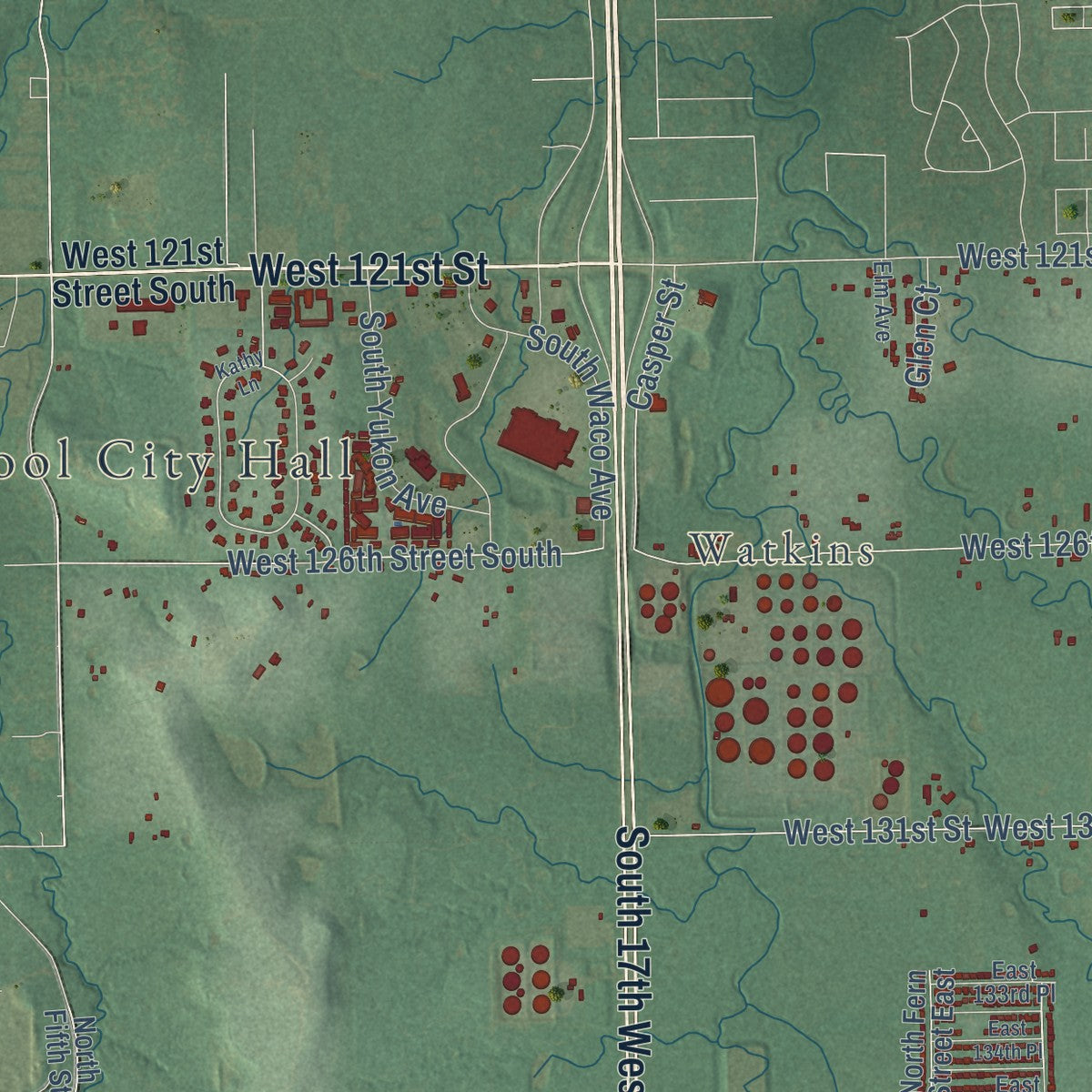 Second close-up of the map of Glenpool, Oklahoma print showing more streets and buildings