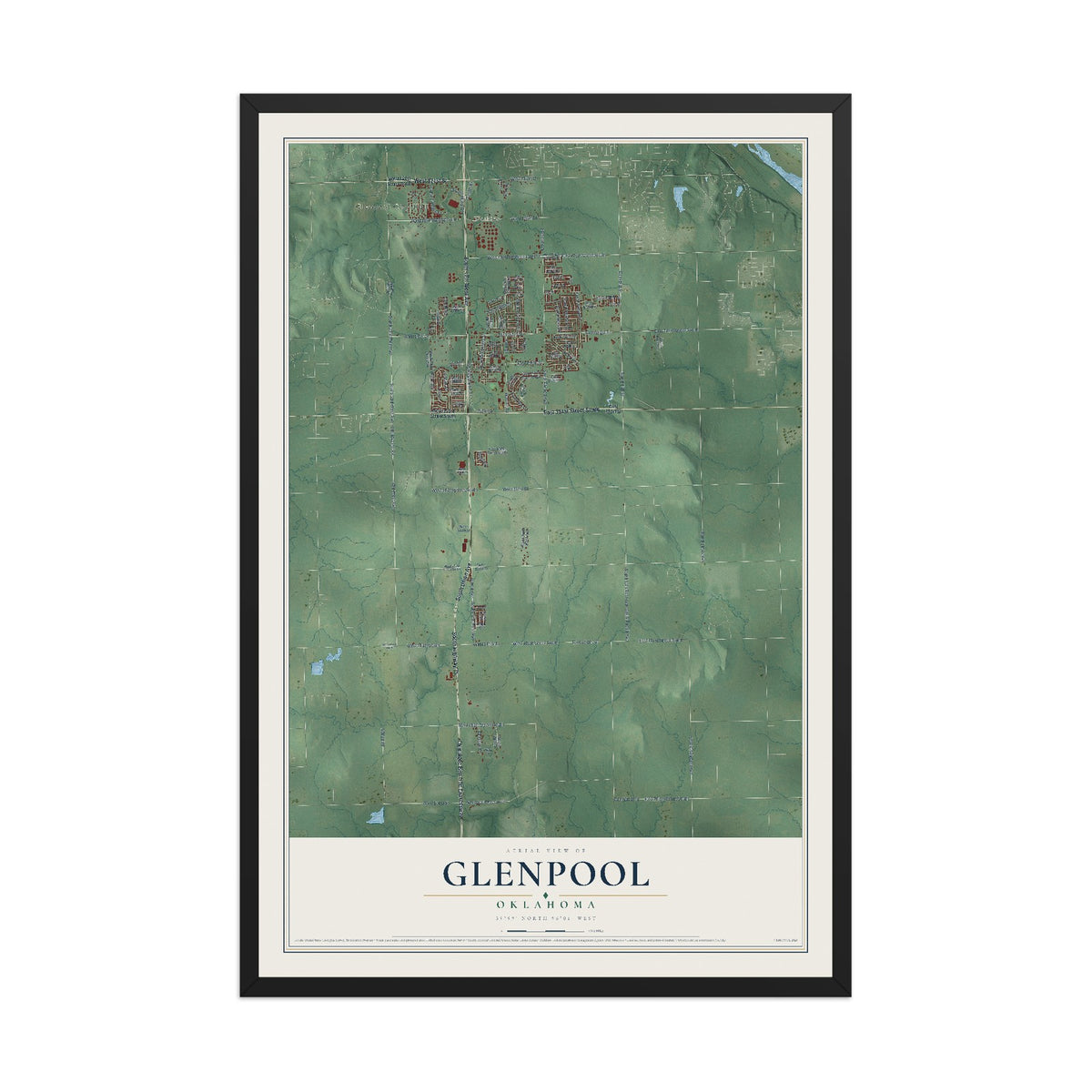 Map of Glenpool, Oklahoma, 12 x 18 inch print in a black wood frame