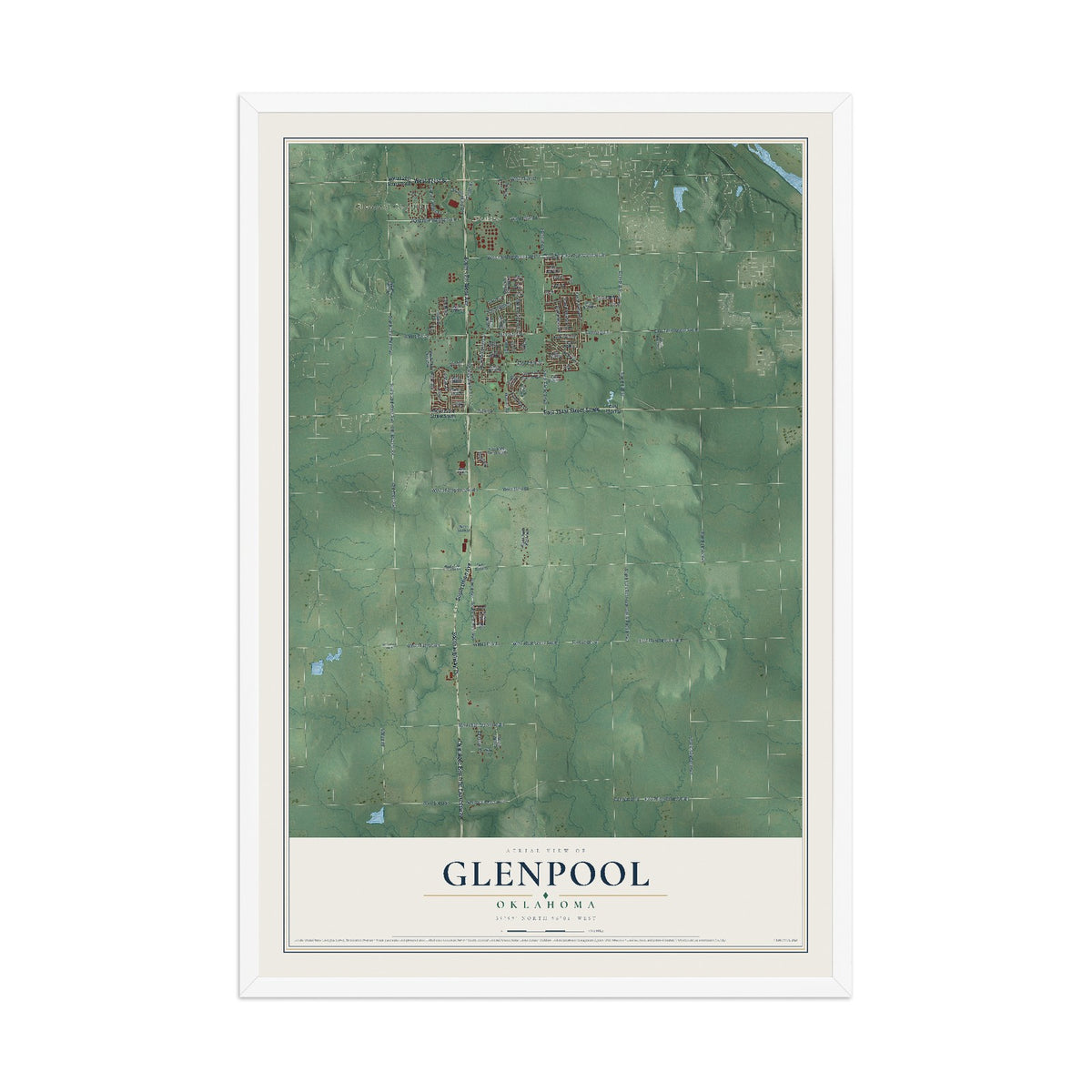 Map of Glenpool, Oklahoma, 12 x 18 inch print in a white wood frame