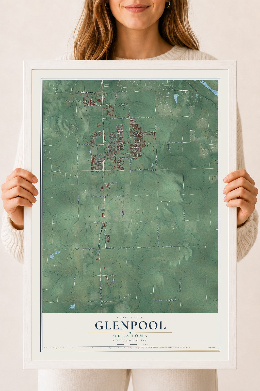 Map of Glenpool, Oklahoma, 18 x 24 inch print in a white wood frame