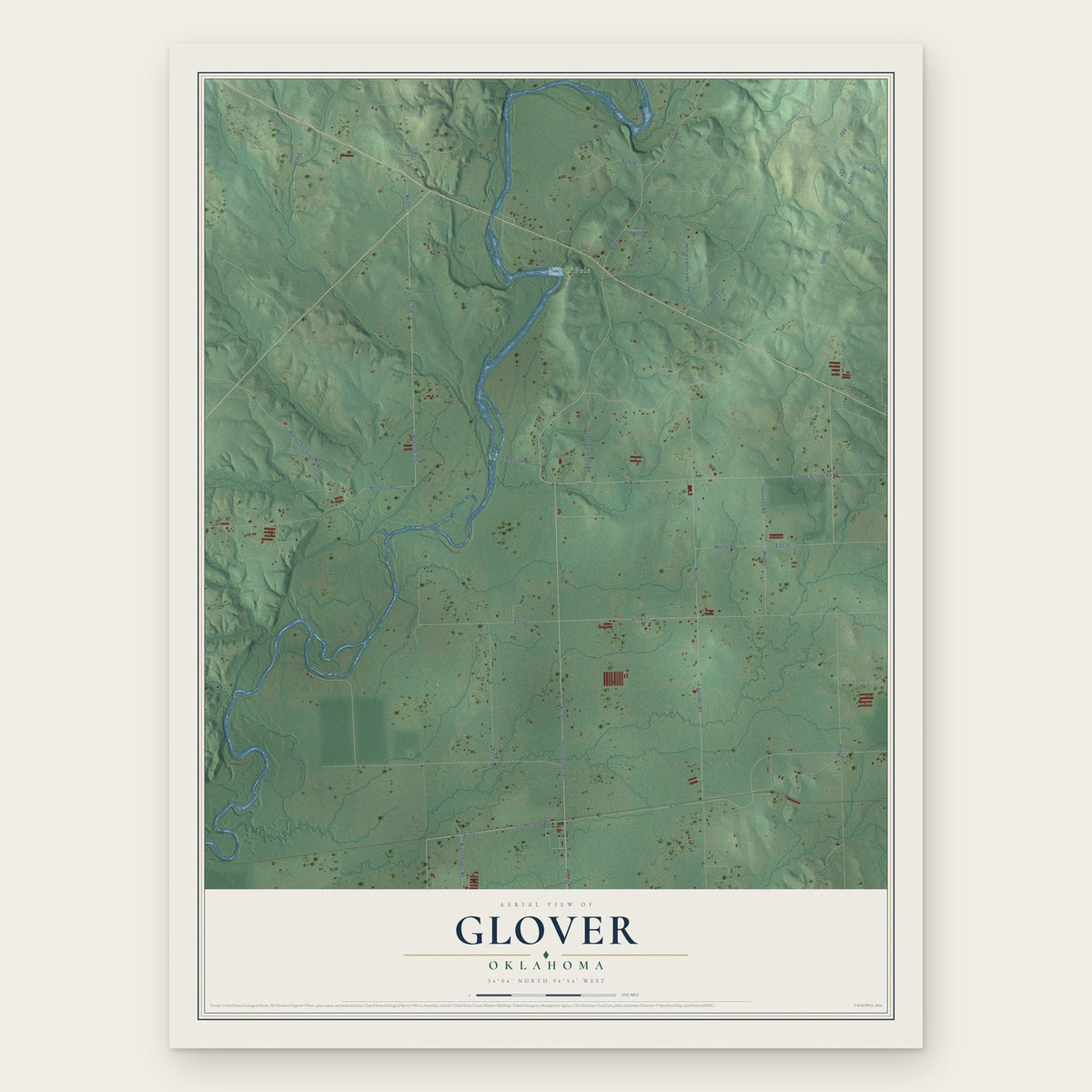 Glover, Oklahoma map print, the full design