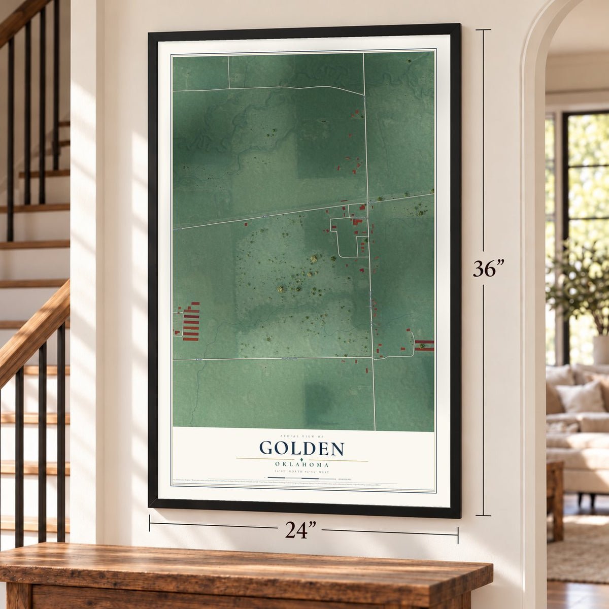 Golden, Oklahoma map, 24 x 36 inch print in a black frame by a staircase