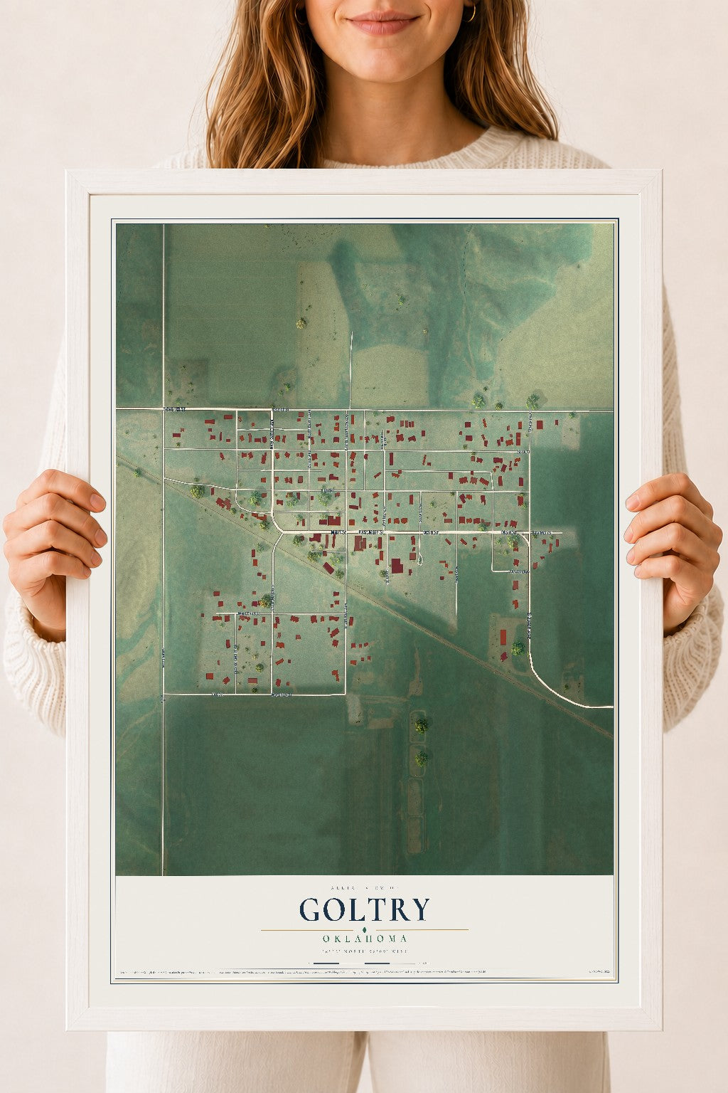 Map of Goltry, Oklahoma, 18 x 24 inch print in a white wood frame