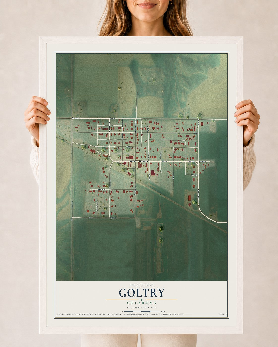 Map of Goltry, Oklahoma, 24 x 36 inch print in a white wood frame