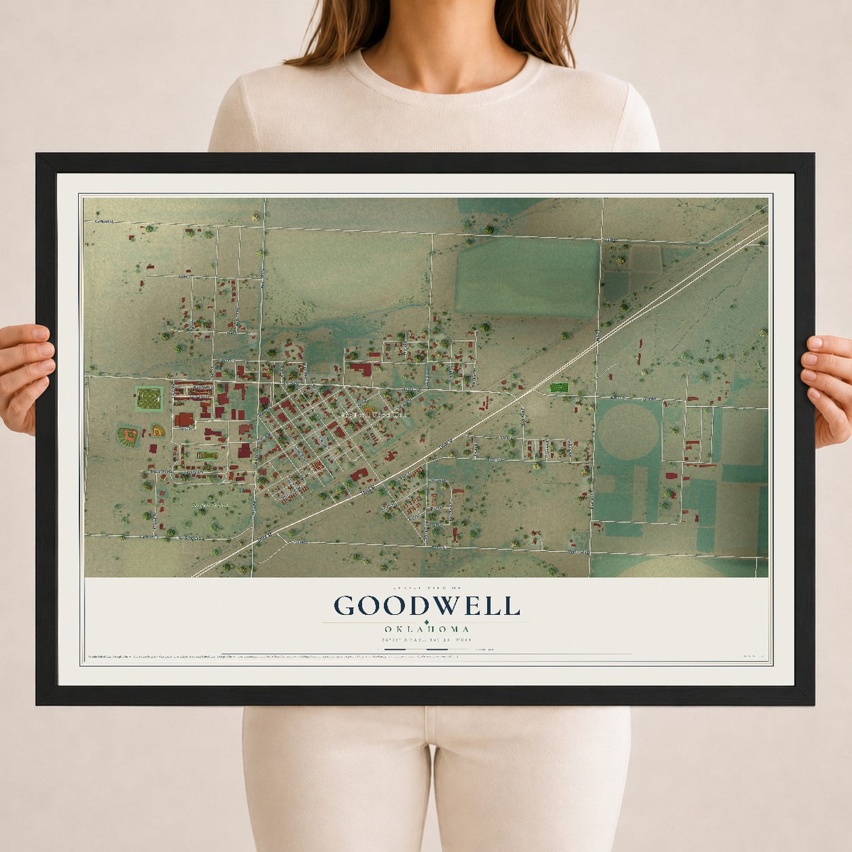 Map of Goodwell, Oklahoma, 18 x 24 inch print in a black wood frame