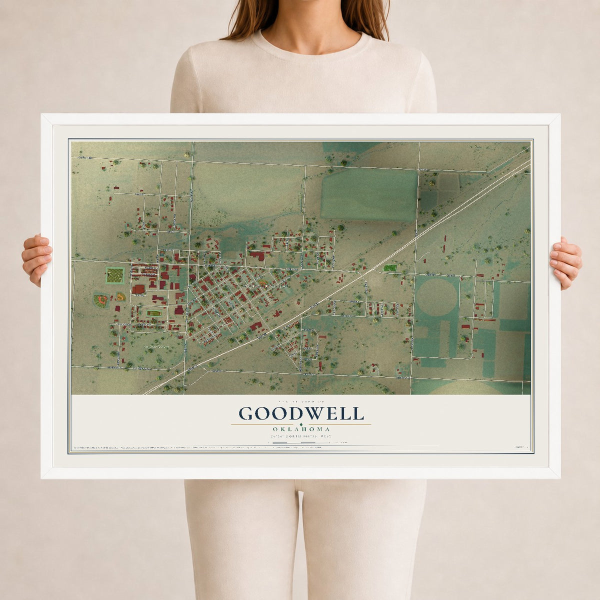 Map of Goodwell, Oklahoma, 24 x 36 inch print in a white wood frame
