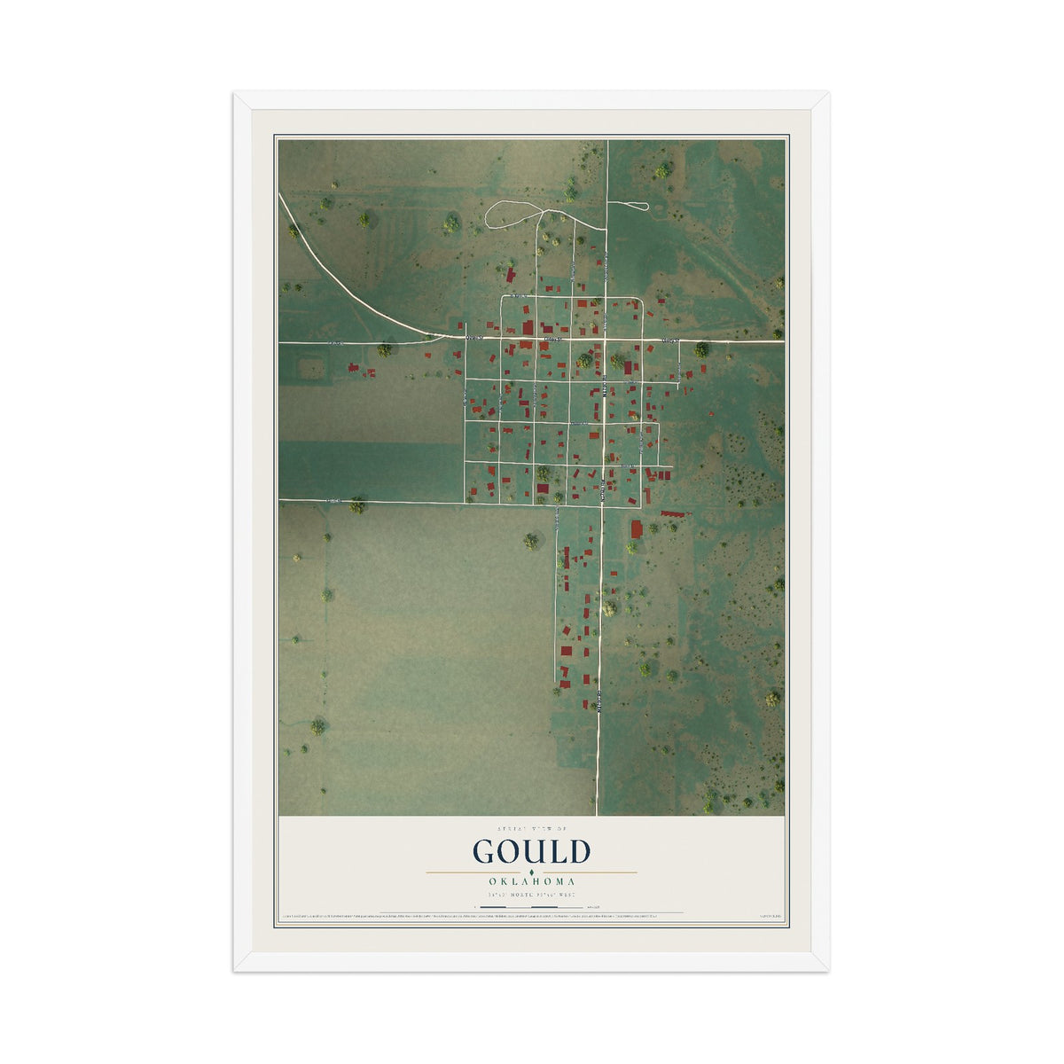 Map of Gould, Oklahoma, 12 x 18 inch print in a white wood frame