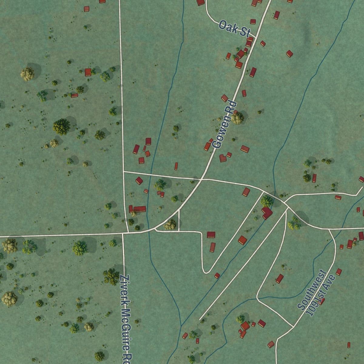 Close-up of the map of Gowen, Oklahoma print showing street and building detail