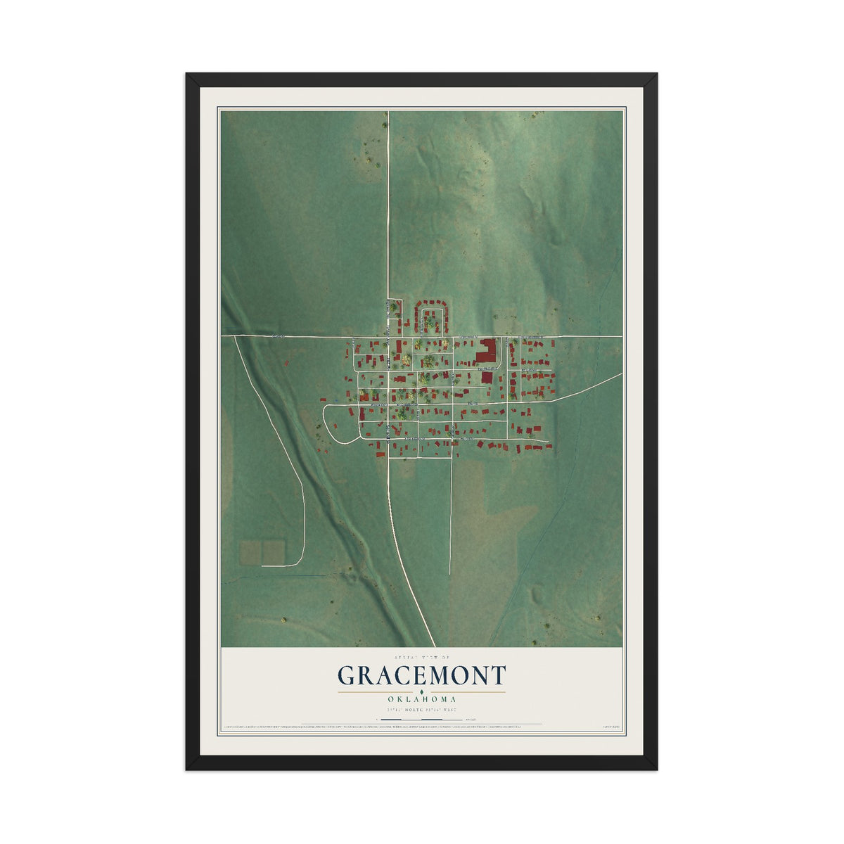 Map of Gracemont, Oklahoma, 12 x 18 inch print in a black wood frame