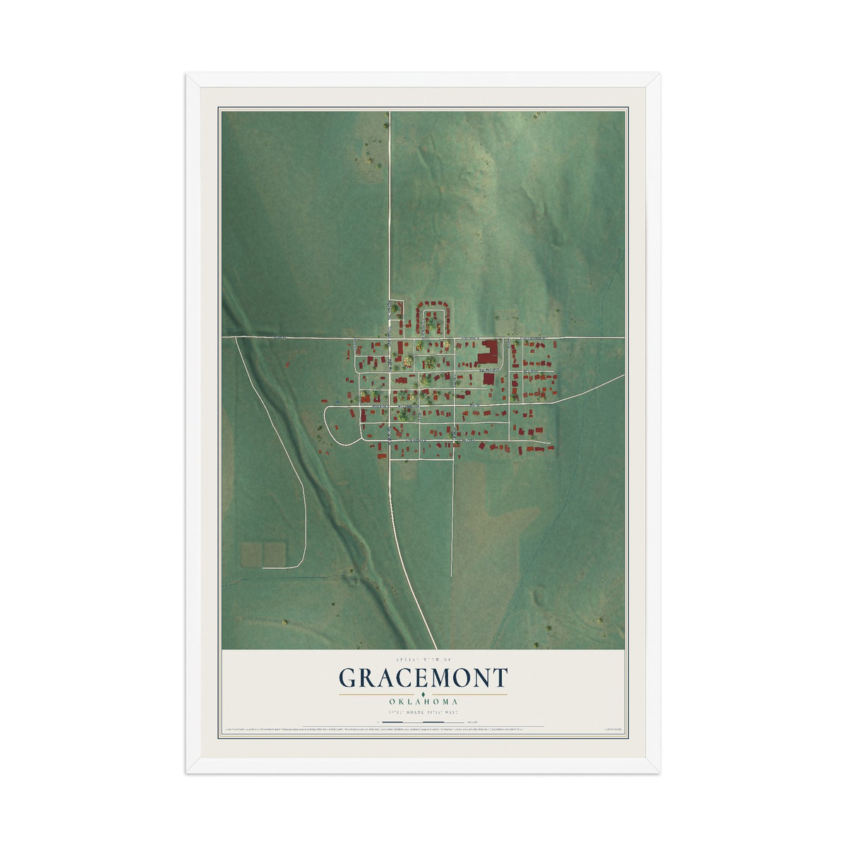 Map of Gracemont, Oklahoma, 12 x 18 inch print in a white wood frame