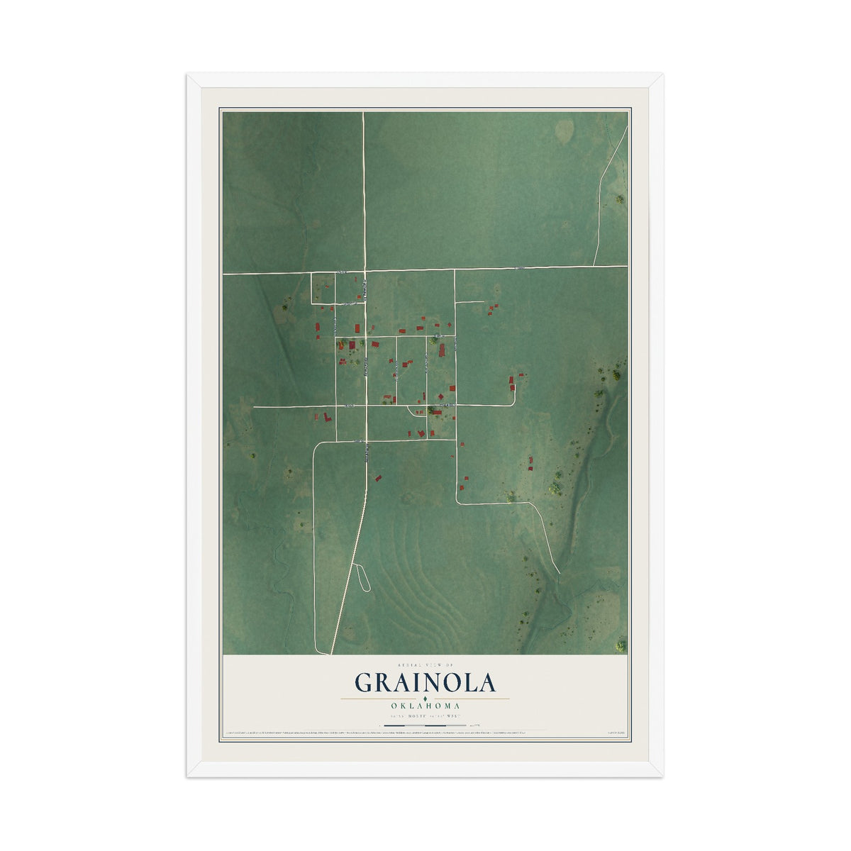 Map of Grainola, Oklahoma, 12 x 18 inch print in a white wood frame