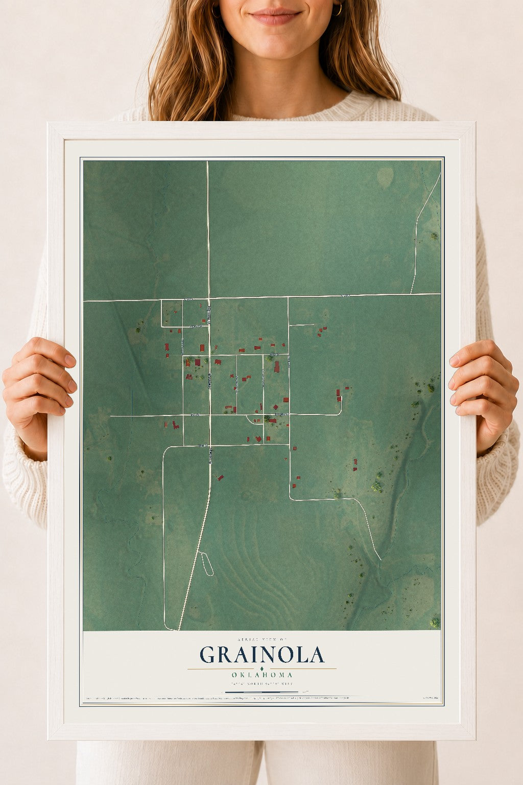Map of Grainola, Oklahoma, 18 x 24 inch print in a white wood frame