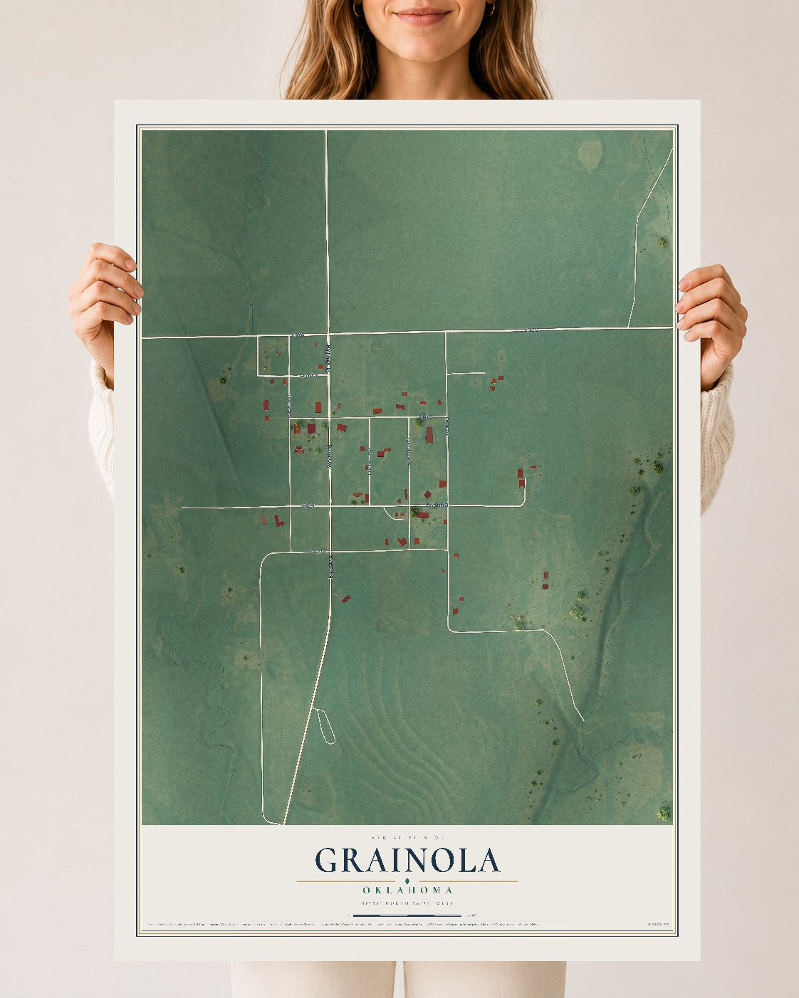 Map of Grainola, Oklahoma, 24 x 36 inch unframed archival matte print