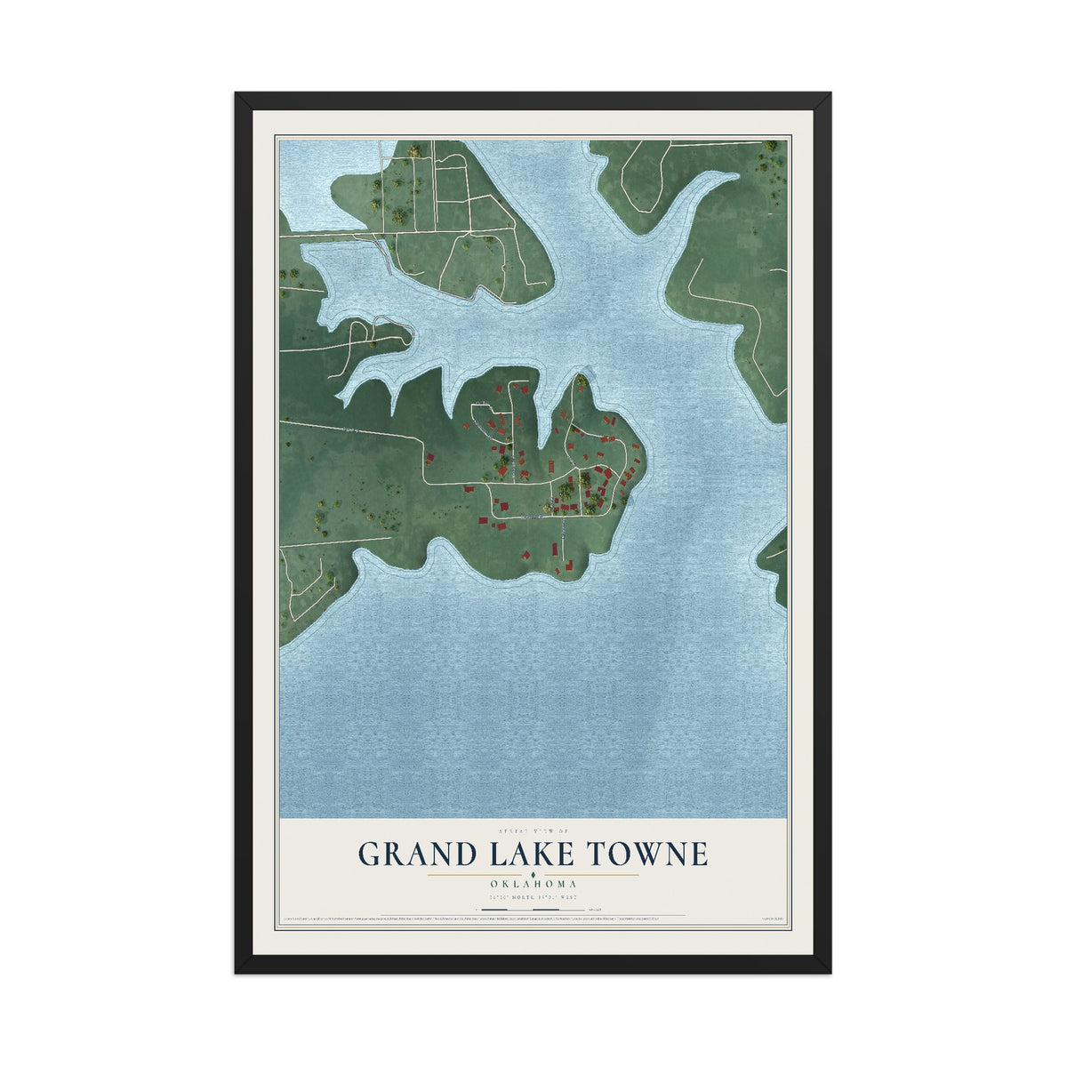 Map of Grand Lake Towne, Oklahoma, 12 x 18 inch print in a black wood frame