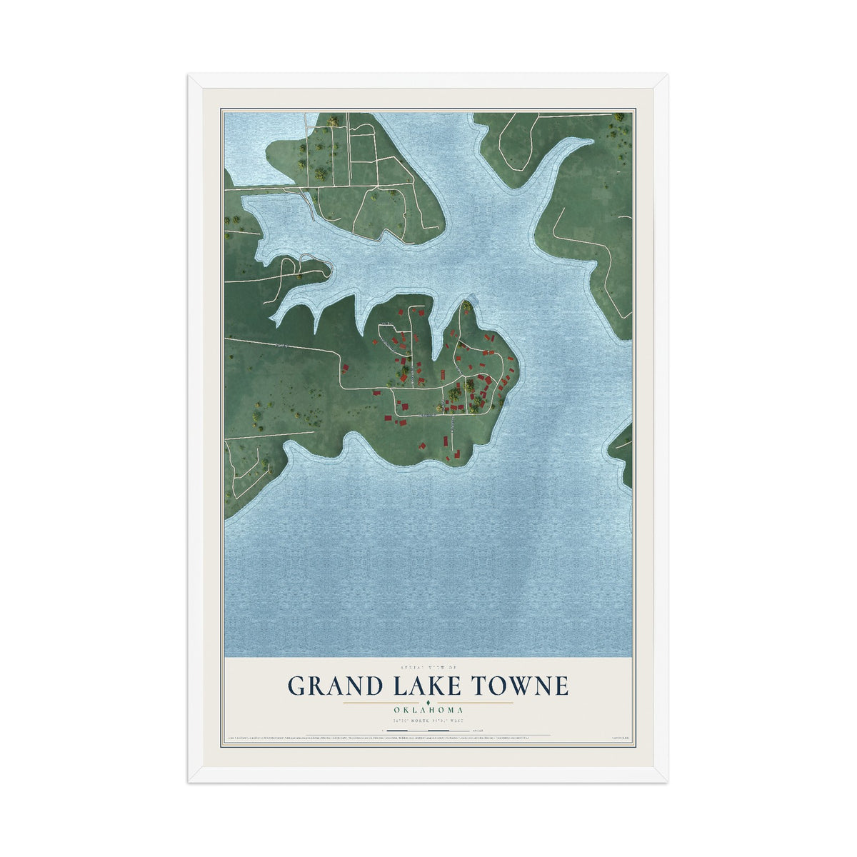 Map of Grand Lake Towne, Oklahoma, 12 x 18 inch print in a white wood frame