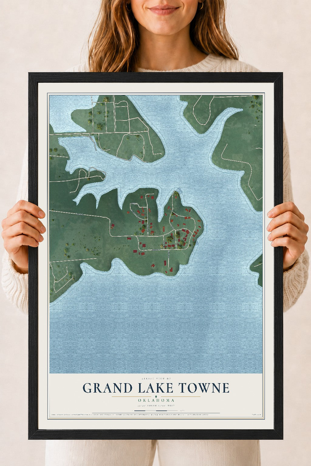 Map of Grand Lake Towne, Oklahoma, 18 x 24 inch print in a black wood frame