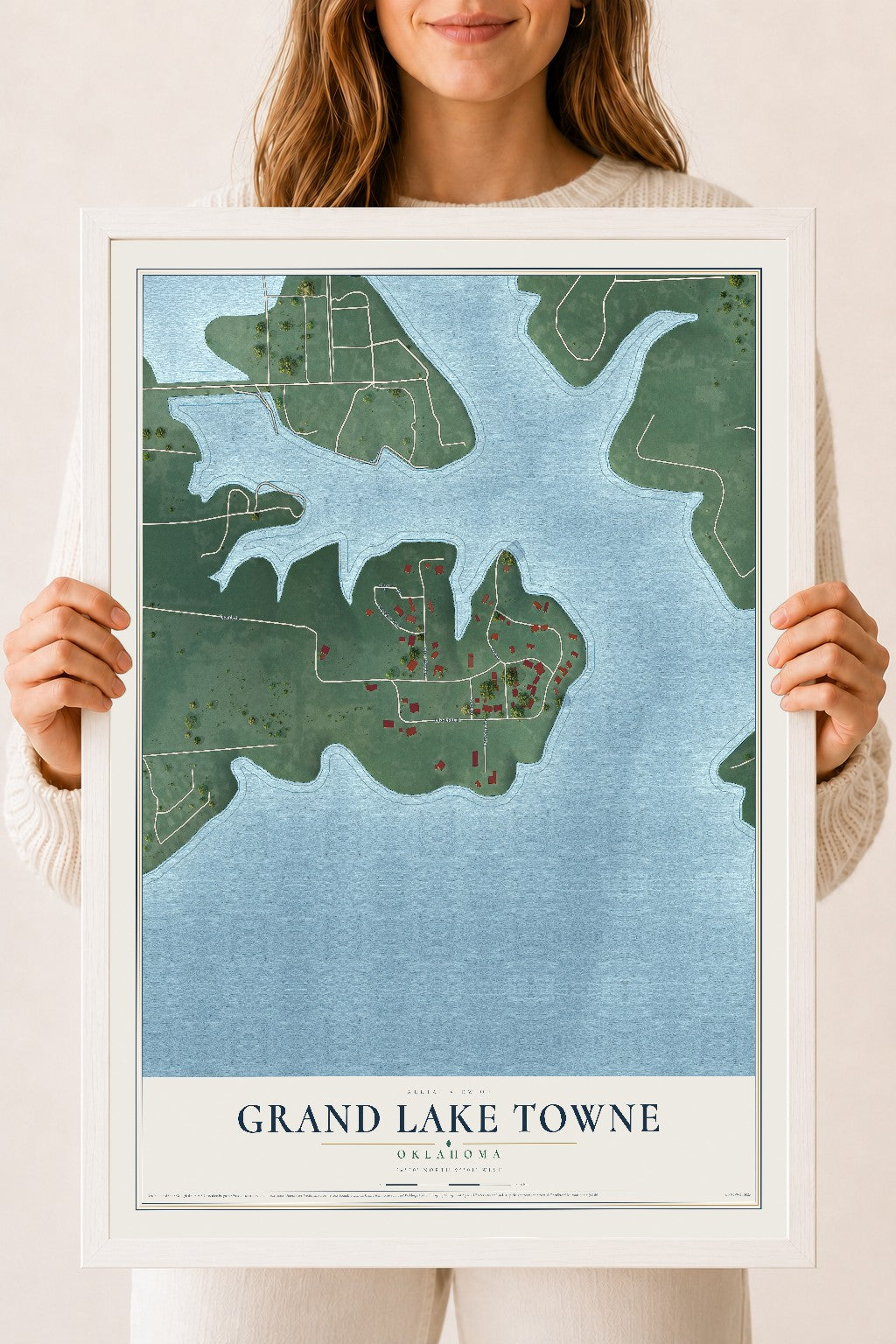 Map of Grand Lake Towne, Oklahoma, 18 x 24 inch print in a white wood frame