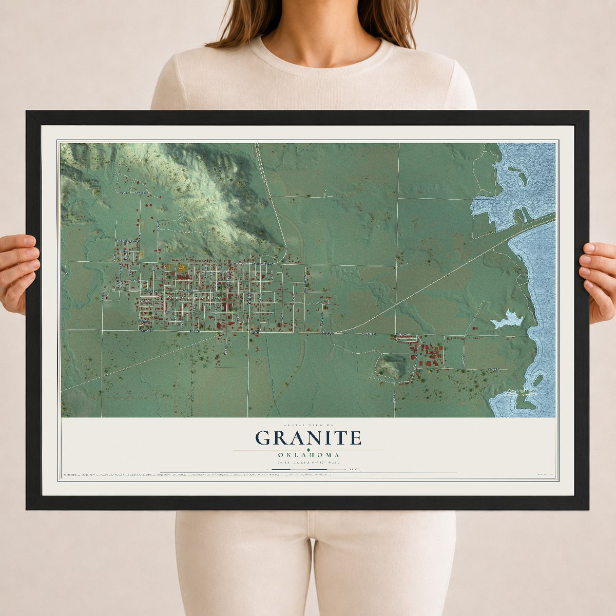 Map of Granite, Oklahoma, 18 x 24 inch print in a black wood frame