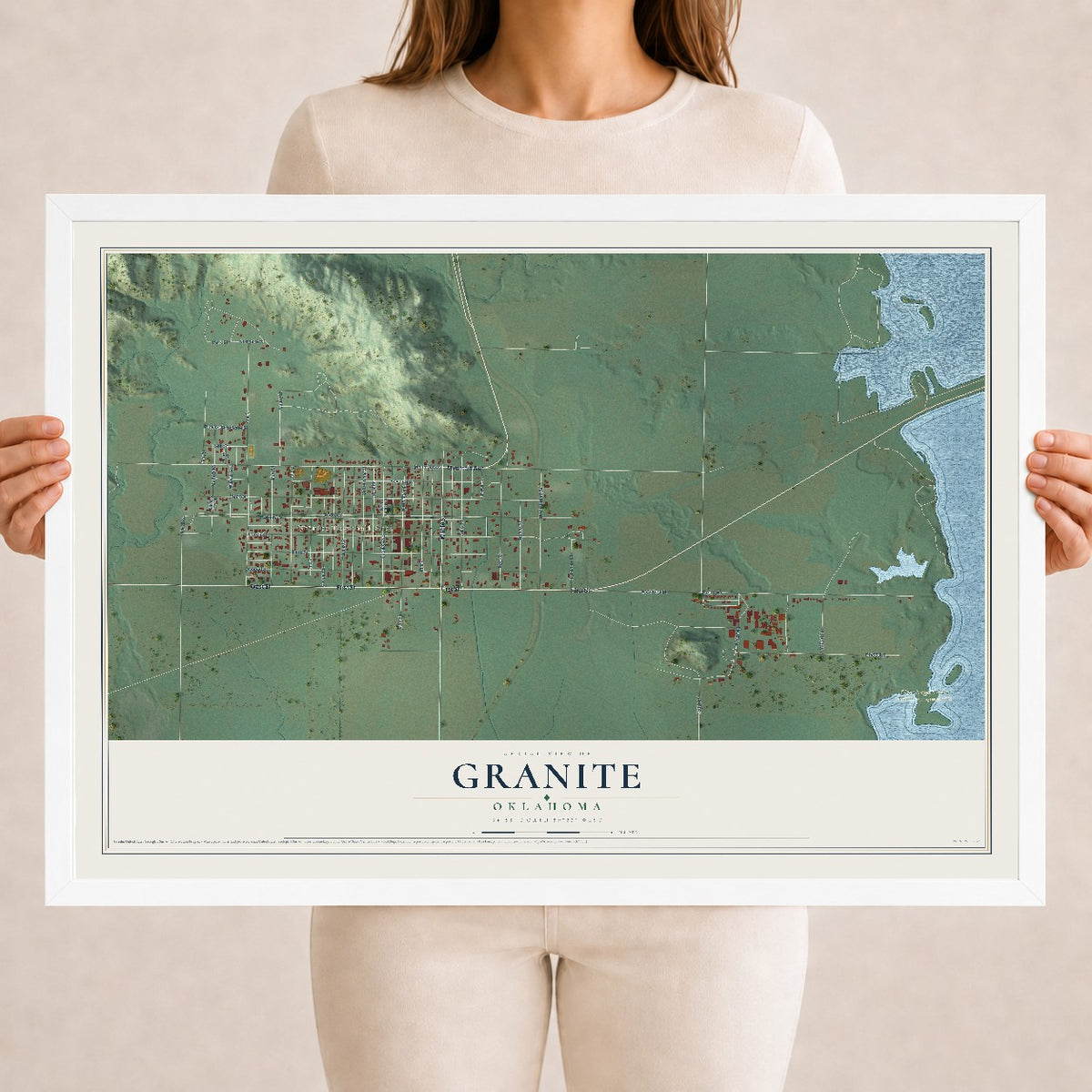 Map of Granite, Oklahoma, 18 x 24 inch print in a white wood frame