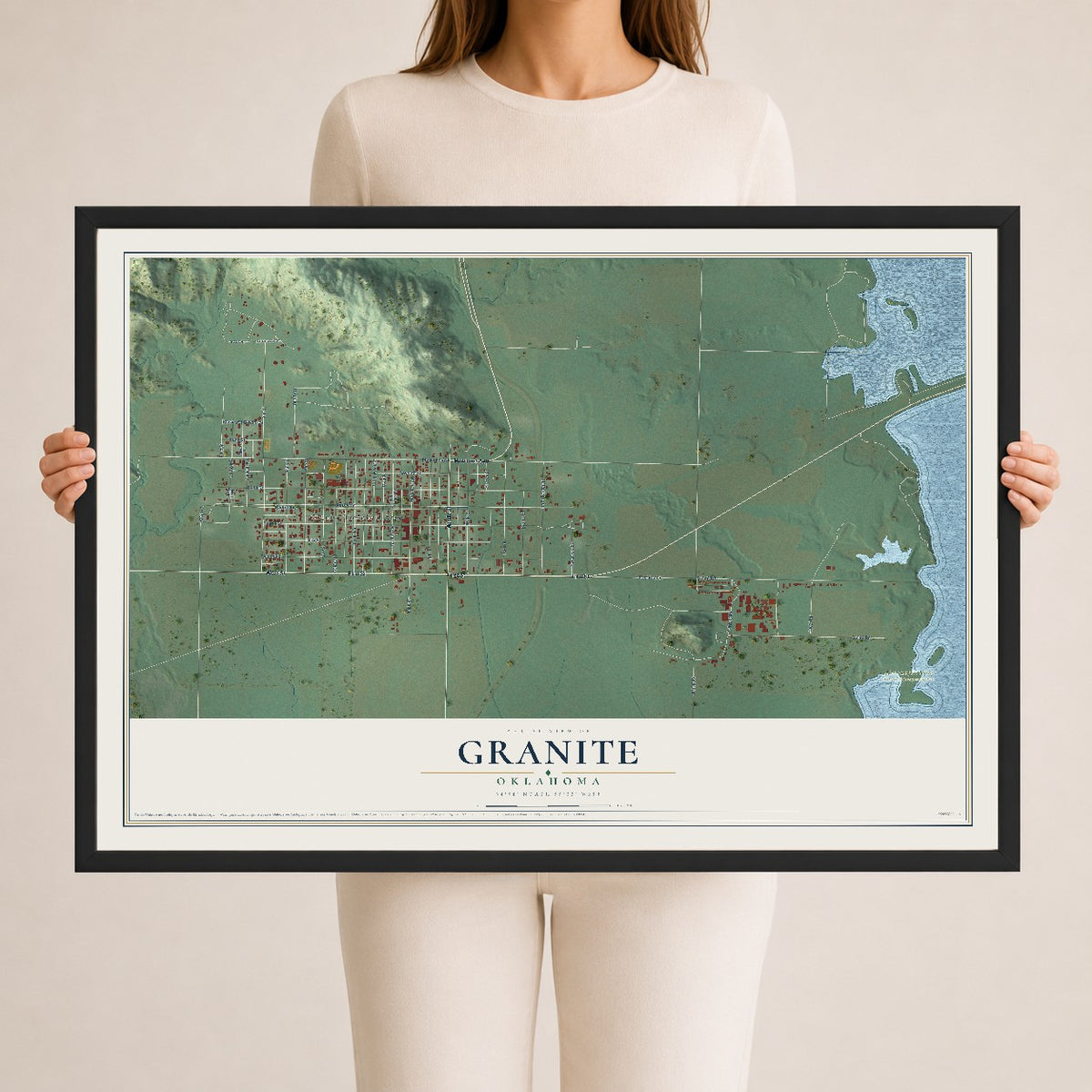 Map of Granite, Oklahoma, 24 x 36 inch print in a black wood frame